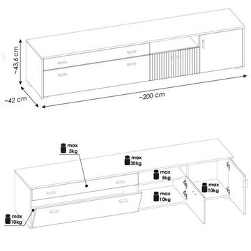Lomadox Lowboard HUNTER-61, TV-Board Mediamöbel weiß matt schwarz gerillt 200x43,6x42