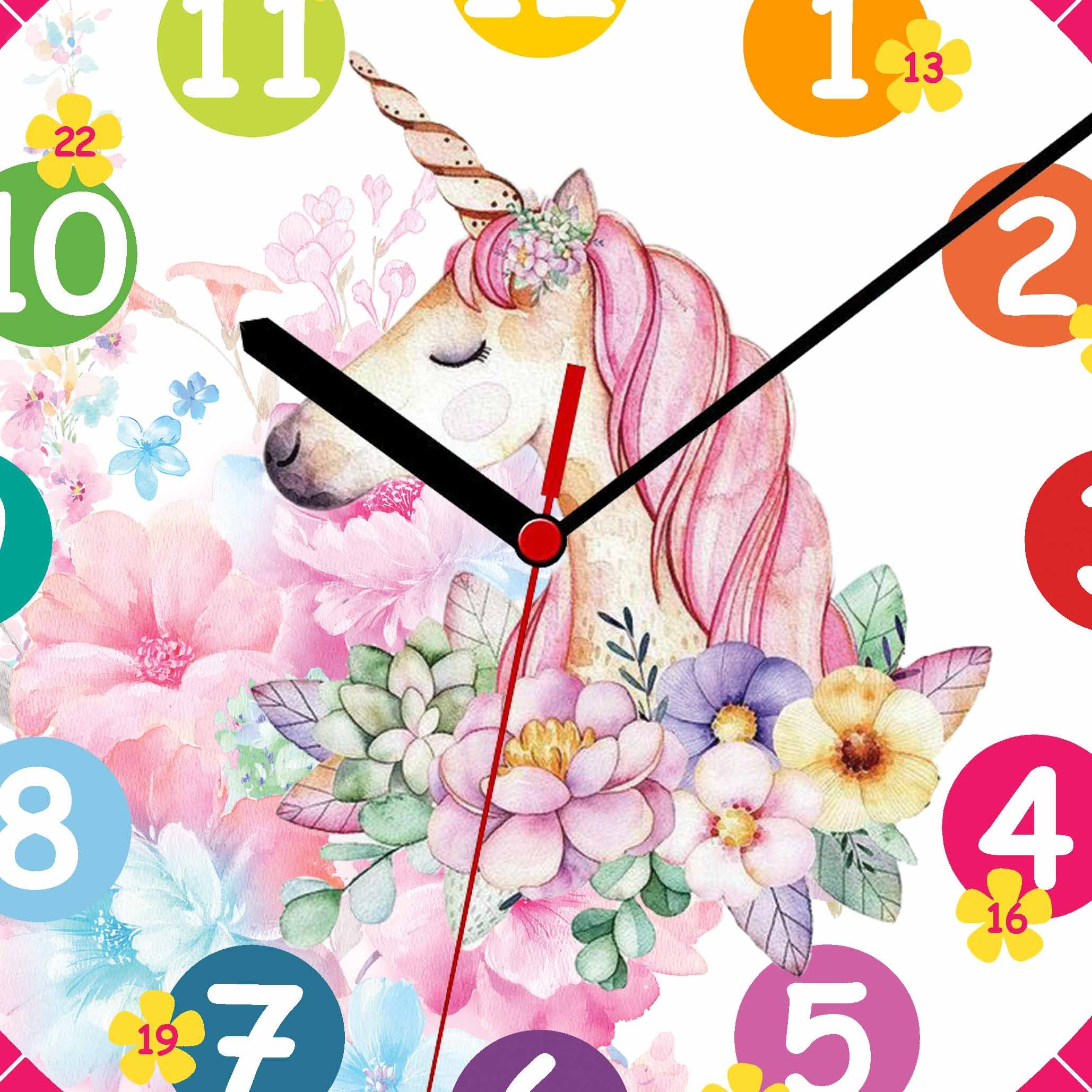 K&L Wall Art Wanduhr Einhorn Wanduhr Blumen Kinder Lernuhr Prinzessin Uhr lesen lernen (lautlose Kinderuhr, Quarz Uhrwerk ohne Ticken)