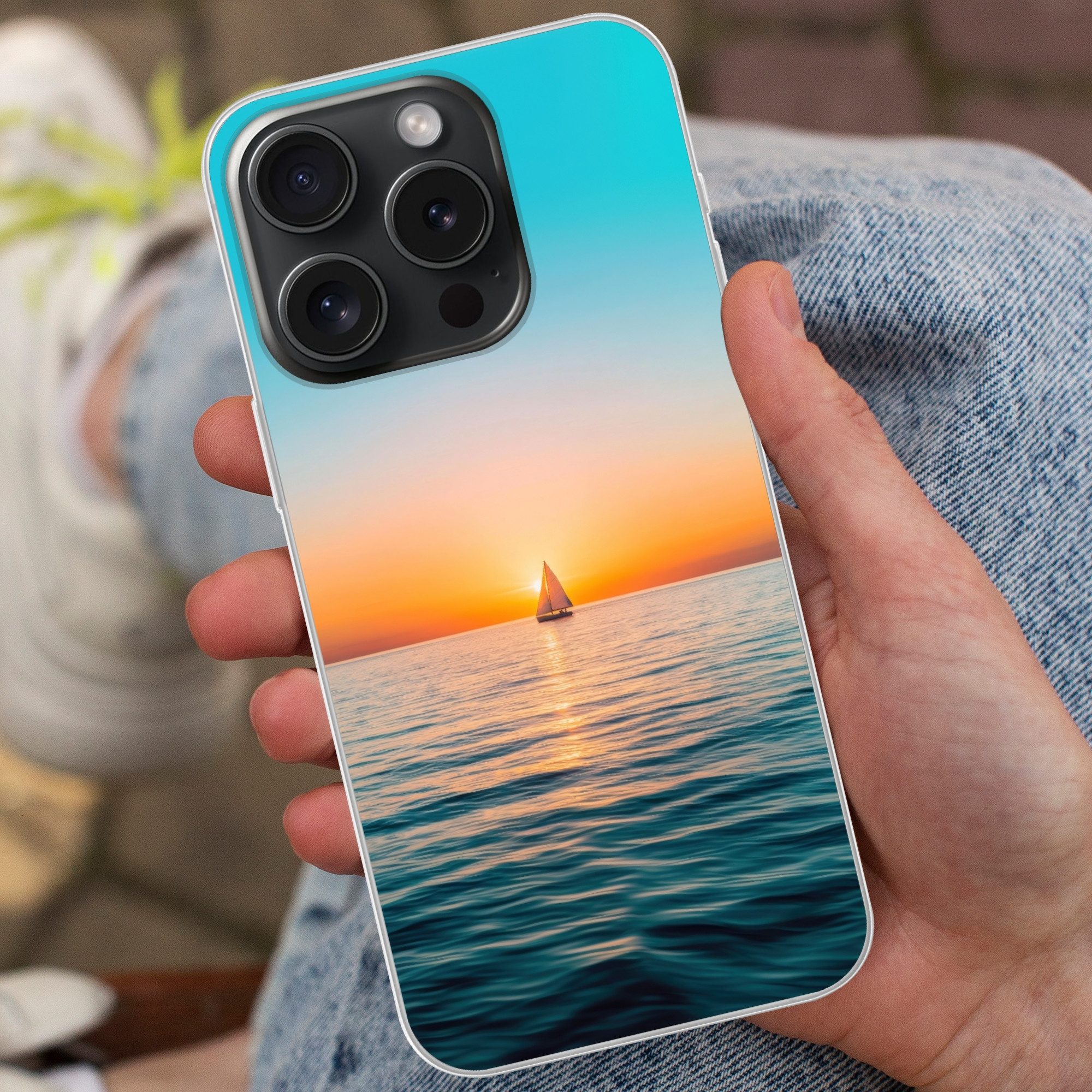 MuchoWow Handyhülle für Apple iPhone 15 Pro Meer - Segelboot - Sonnenuntergang, Smartphone-Bumper, Print, Handy Schutzhülle Dünn