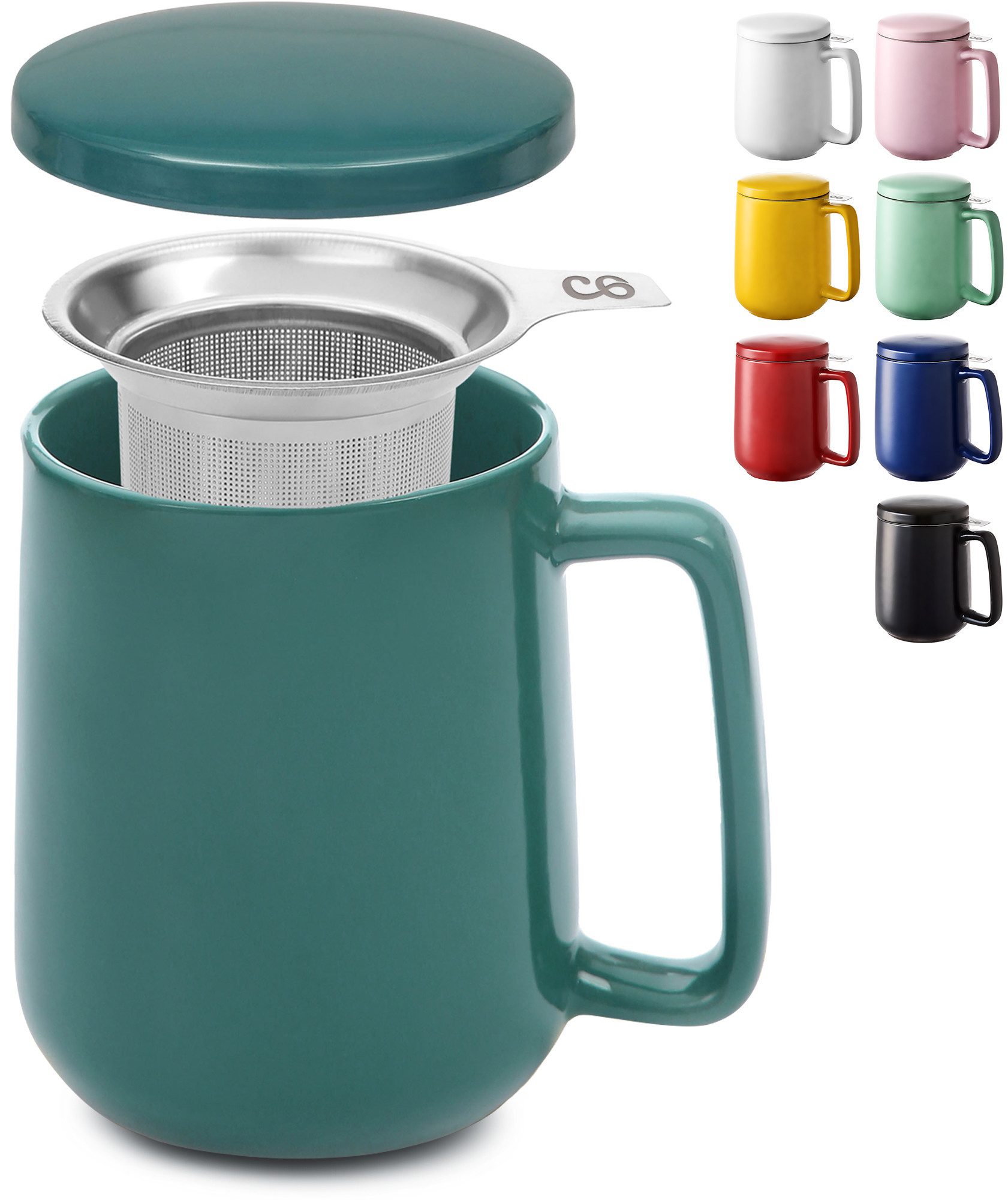 Cosumy Teeglas Teetasse mit Sieb und Deckel - Keramik Grün - Hält Lange warm - 500ml, 1-tlg., Keramik, Hält Lange warm - 500 ml XXL Groß - Spülmaschinenfest