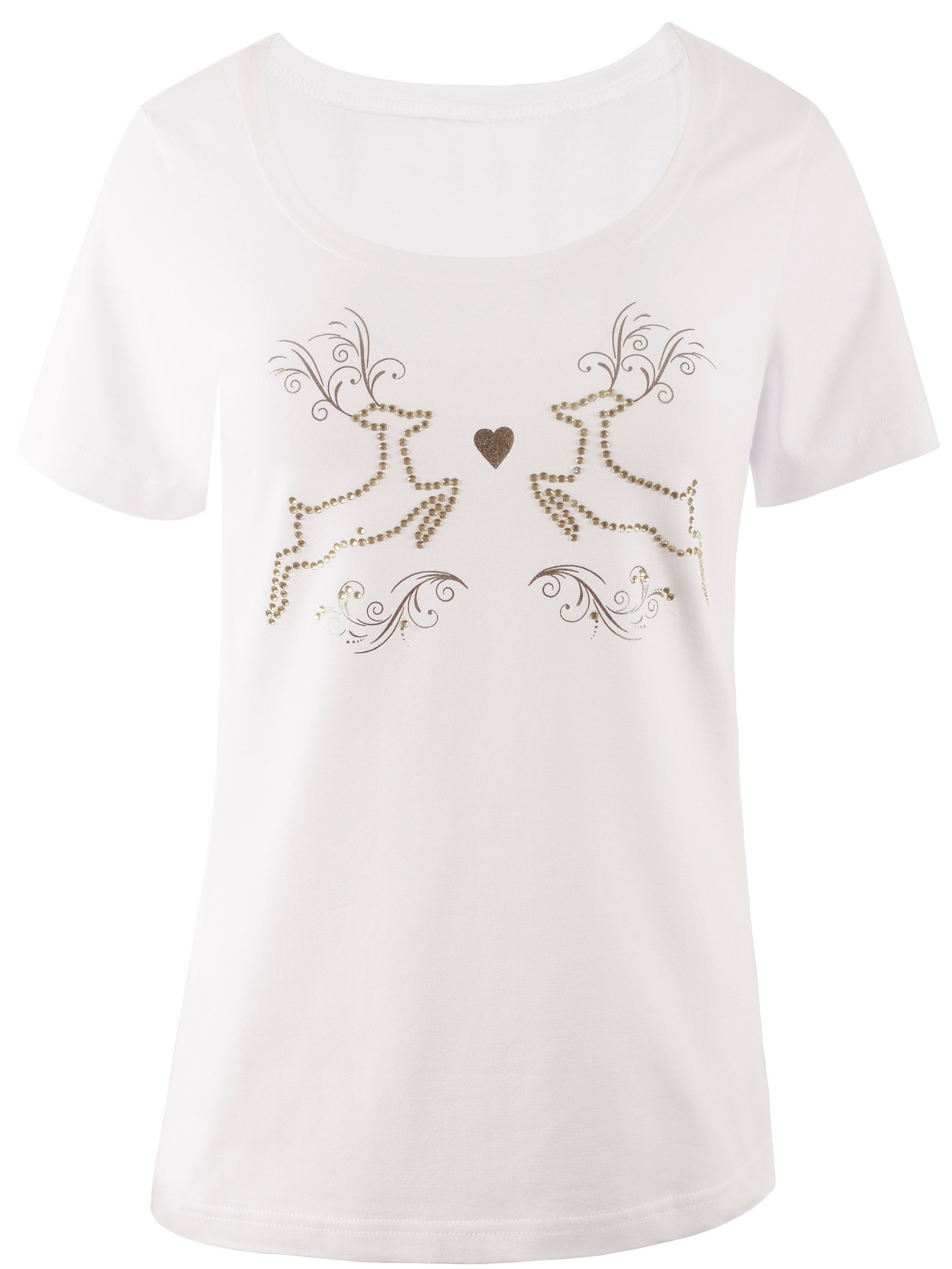 Moschen-Bayern Trachtenshirt Trachtenshirt Damen Shirt Trachten T-Shirt Hirsch Baumwolle Weiß T-Shirt