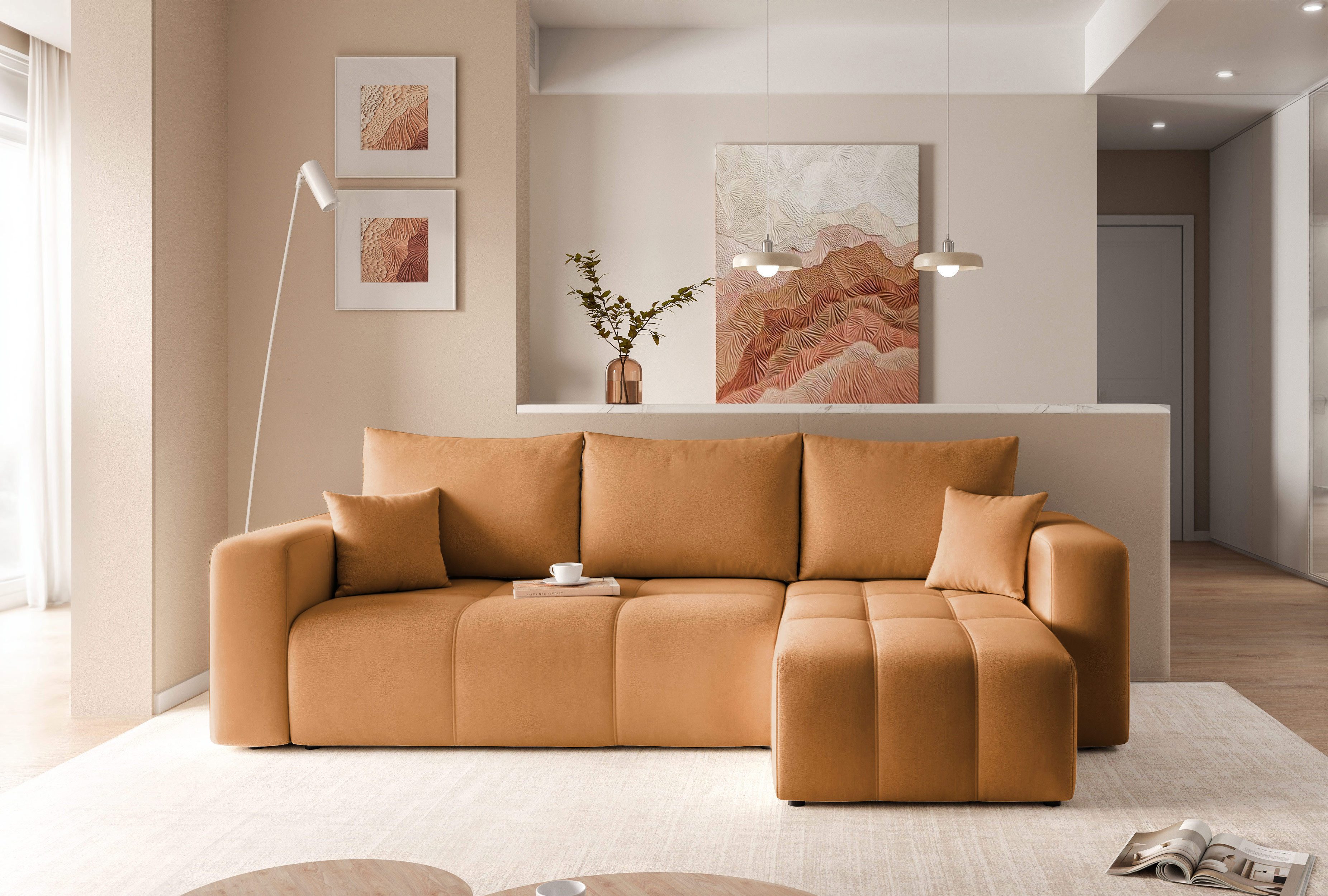 yourhouse24 Ecksofa PEDRO L – Samt-Optik, Schlaffunktion & Bettkasten, mit Schlaffunktion und Bettkasten, Seite universal