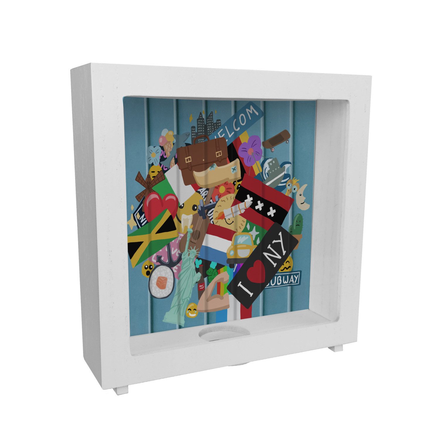 Spardose Rahmen Spardose aus Holz Keramik im Koffer Design mit Stickeroptik