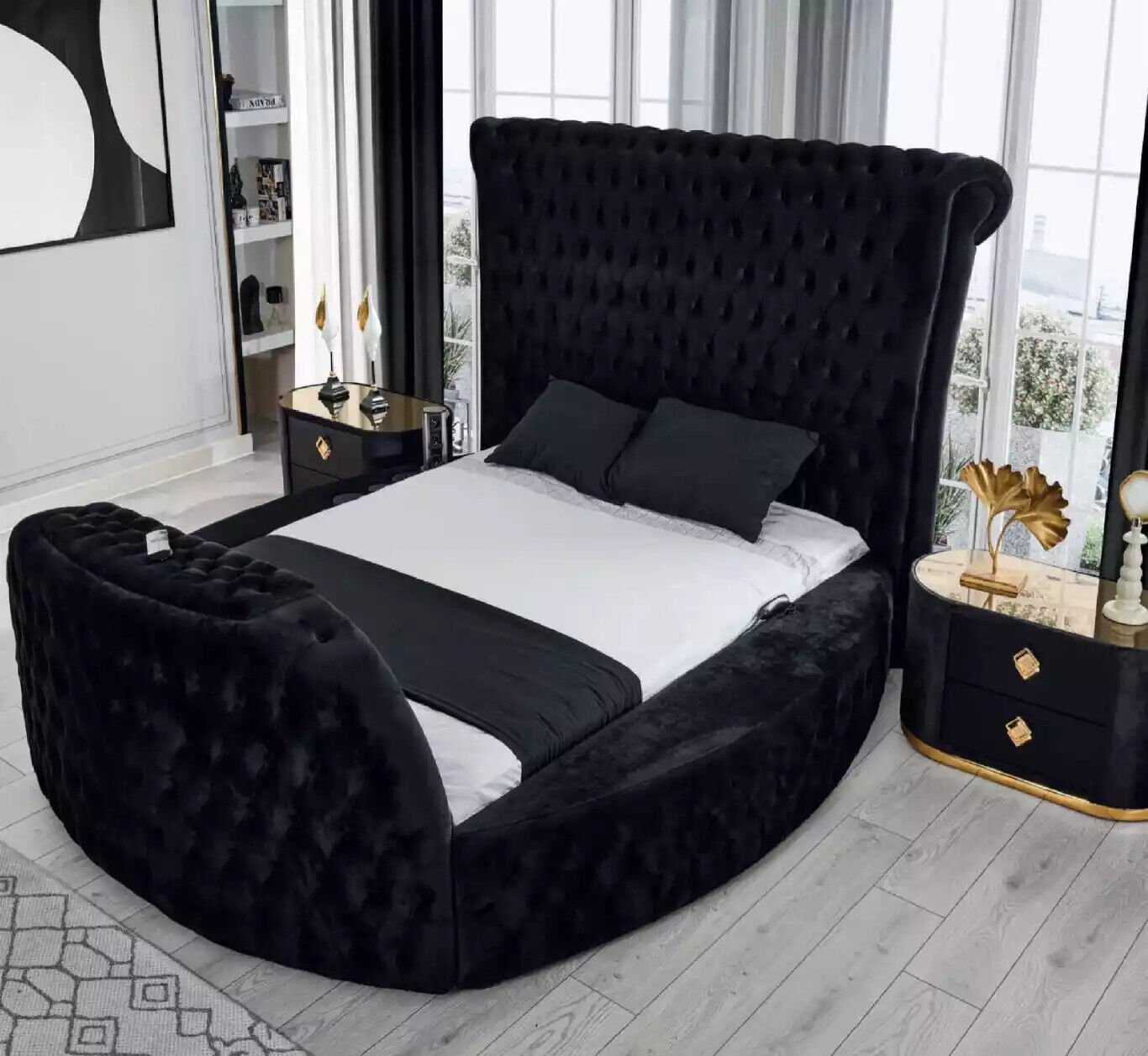 JVmoebel Schlafzimmer-Set Rund Bett Chesterfield mit Lift Schrank Rundbetten Möbel 3tlg., (3-St., Bett/2x Nachttische)