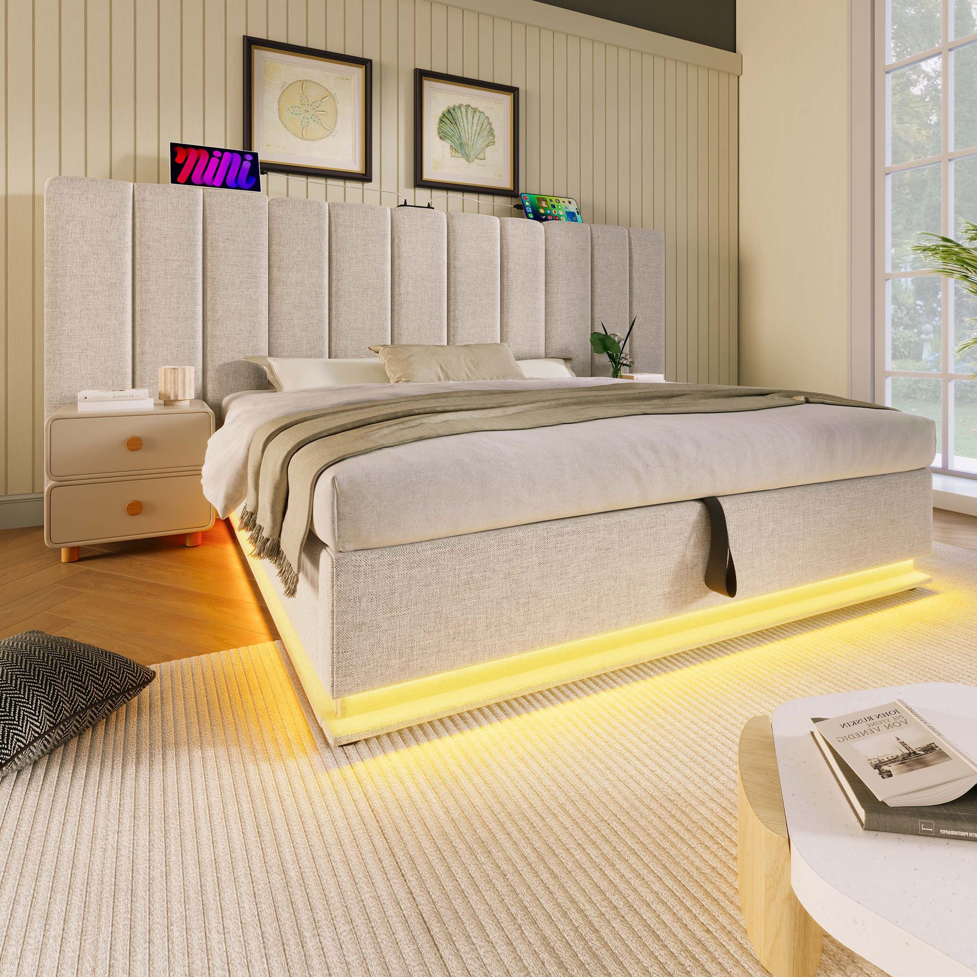 REDOM Polsterbett Stauraumbett mit Lattenrost (Doppelbett, Funktionsbett mit Bettkasten und Lattenrost, 1-tlg., 160×200cm, ohne Matratze), mit App-Steuerung LED und USB-C Ladefunktion