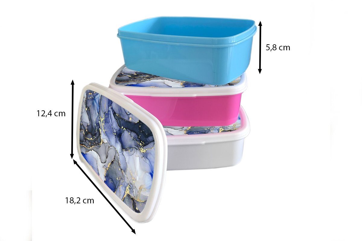 Brotdose, - Gold und Brotbox Blau, - MuchoWow - Kinder Mädchen für für Lunchbox Jungs Kunststoff, und Marmor Erwachsene, (2-tlg), weiß Abstrakt
