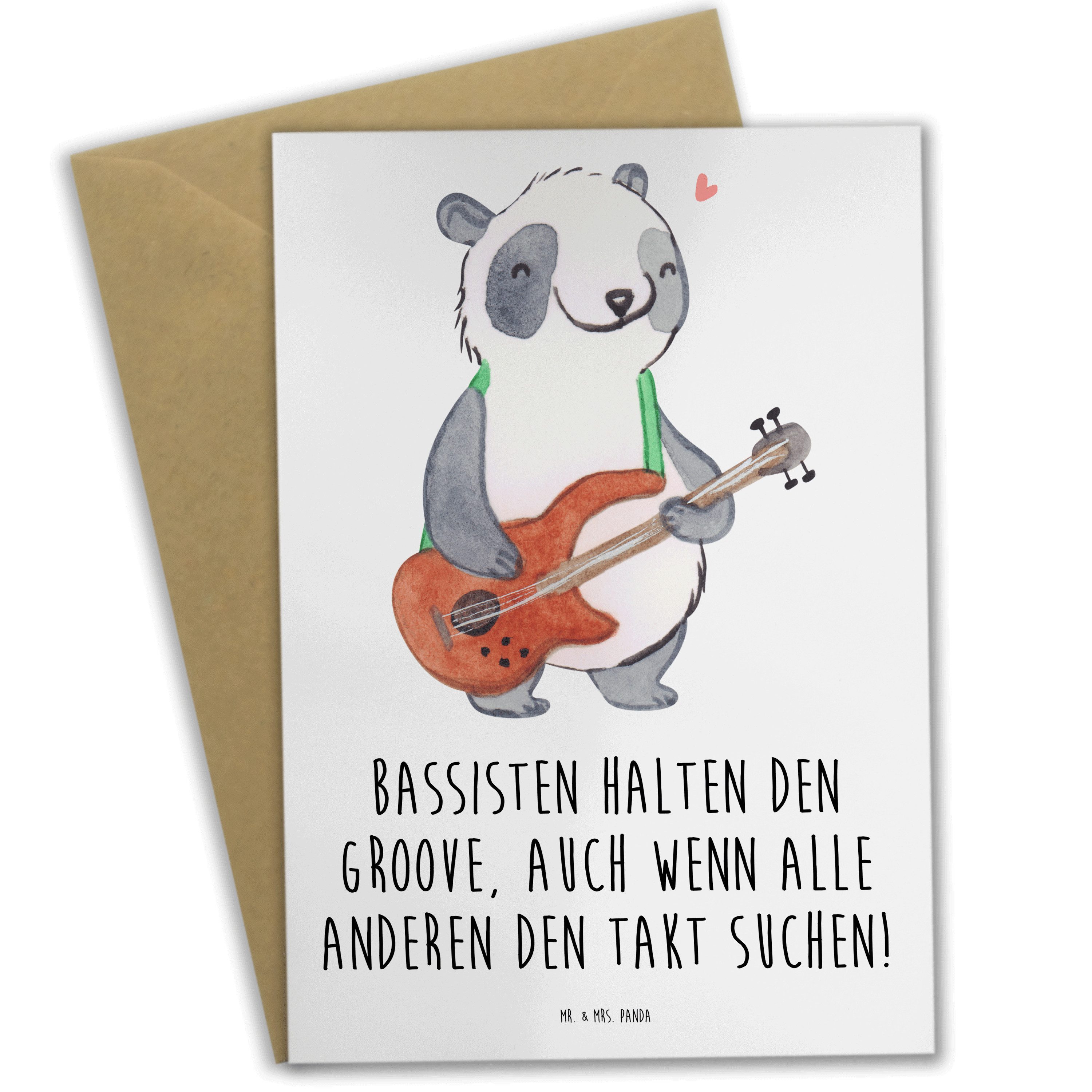 Mr. & Mrs. Panda Grußkarte Bass Groove - Weiß - Geschenk, Bassgitarre, Musikband, Instrument, Ei, Einzigartige Motive