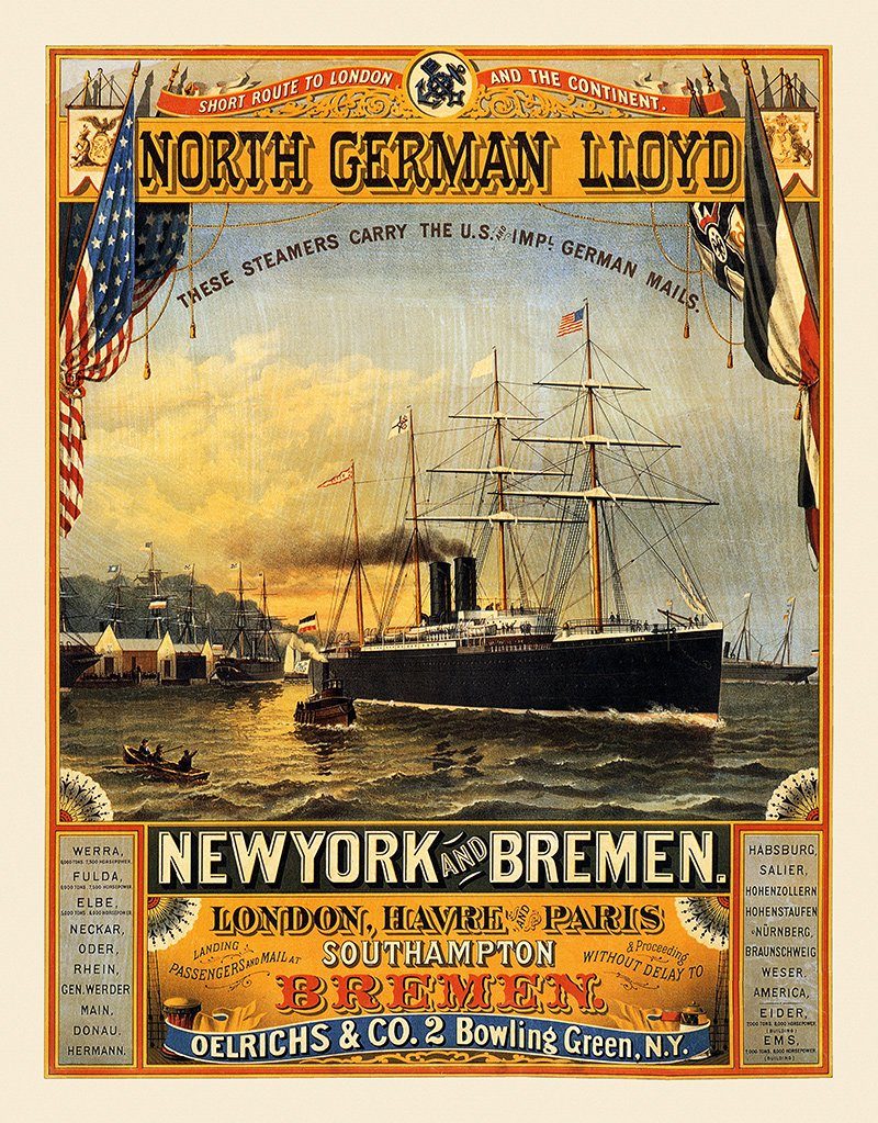 Kunstdruck North German Lloyd New York Bremen London Havre Paris Dampfer Plakate, (1 St)