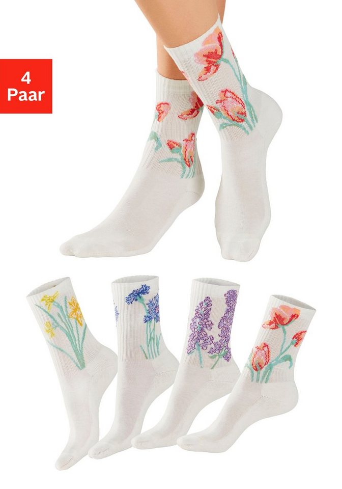 LASCANA Basicsocken (Packung, 4-Paar) mit eingestrickten Blumen Motiven