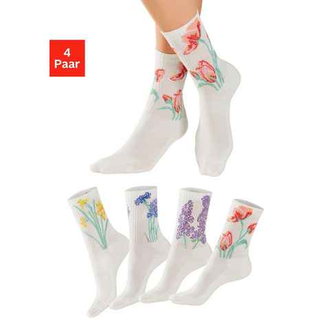 LASCANA Basicsocken (Packung, 4-Paar) mit eingestrickten Blumen Motiven