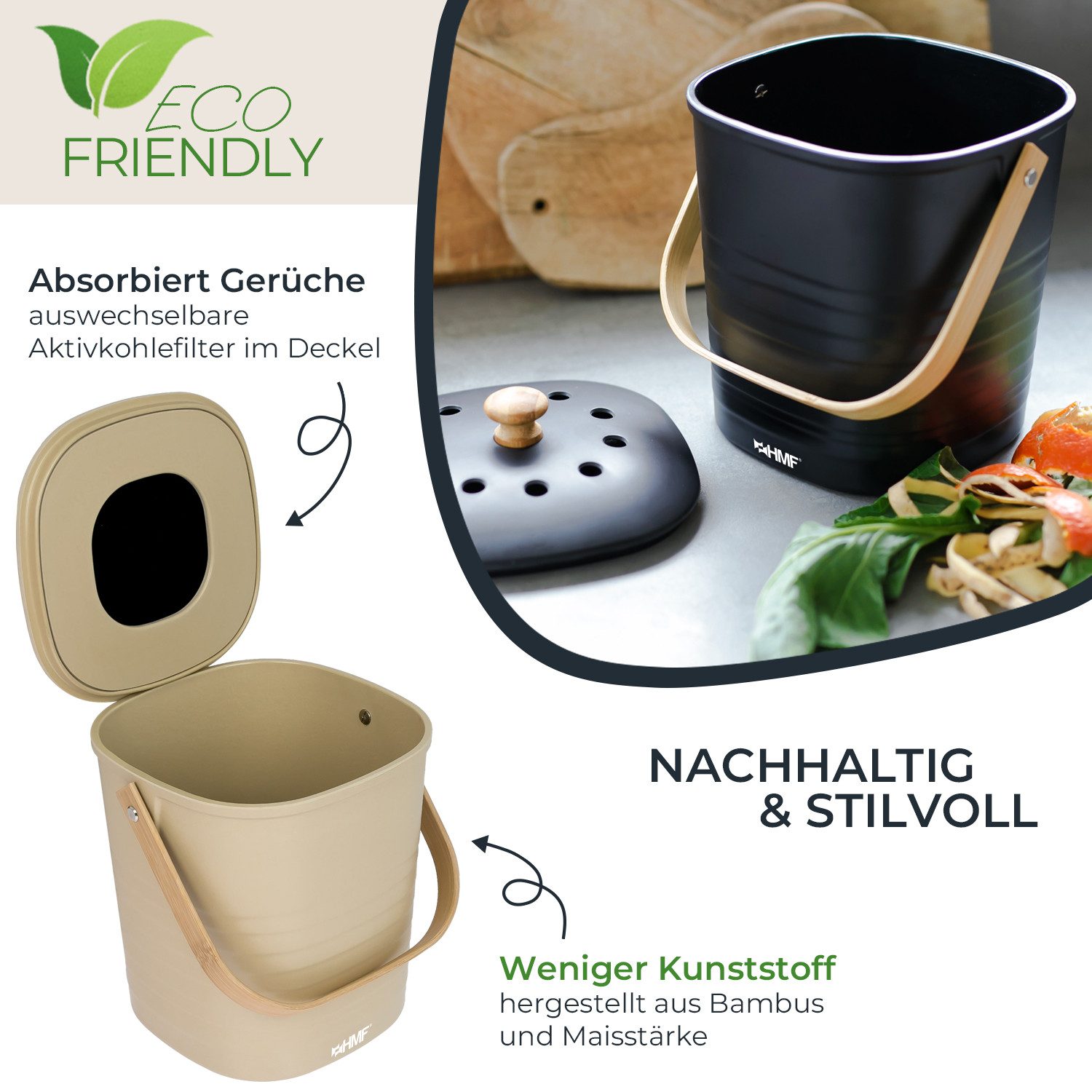 HMF Biomülleimer 3780-3L Geruchsdichter Komposteimer mit Aktivkohlefilter, nachhaltiger kleiner Bio Mülleimer für die Küche mit Deckel, 3L, Beige