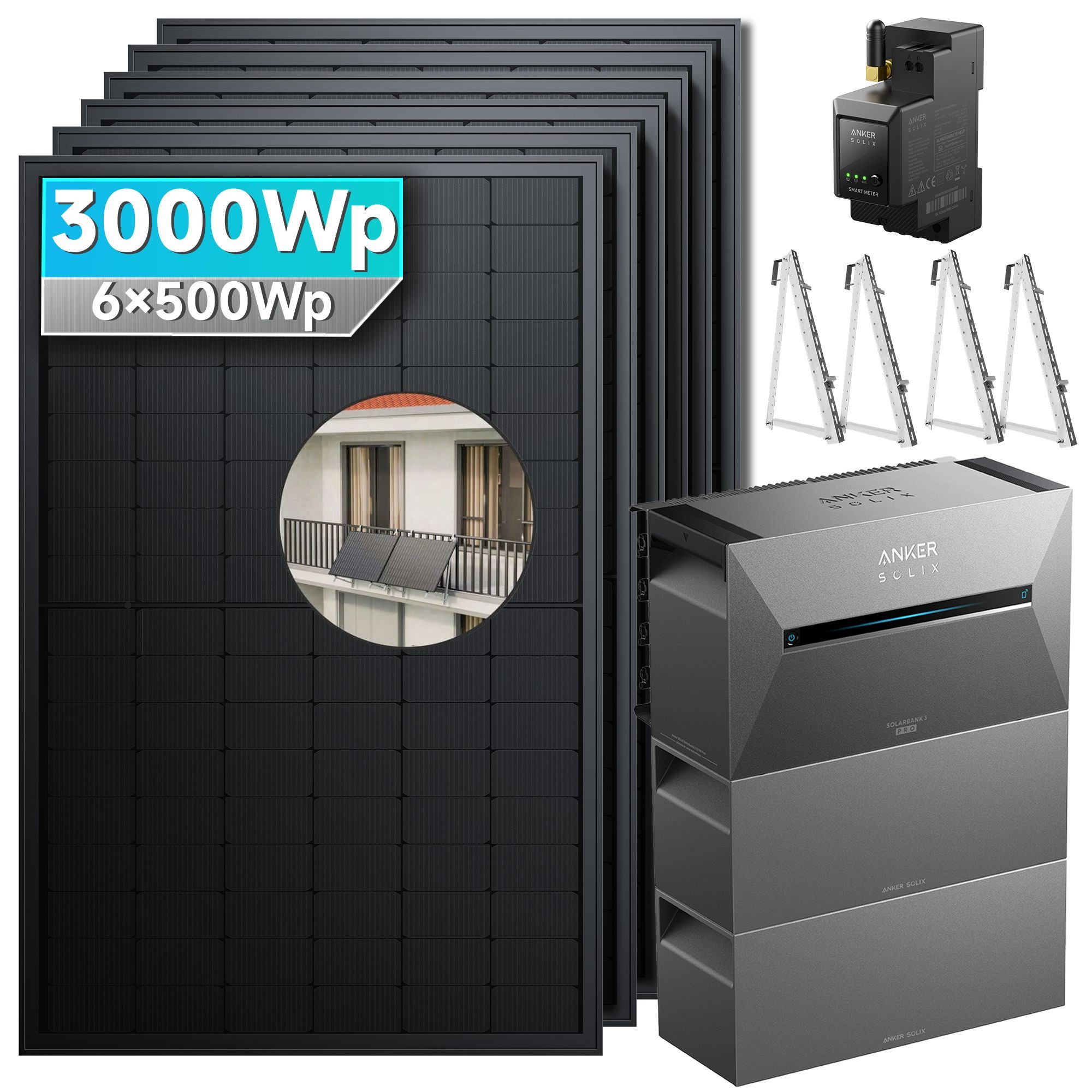Solaranlage 3000W Balkonkraftwerk mit Speicher Anker Solix Solarbank 3 E2700 Pro