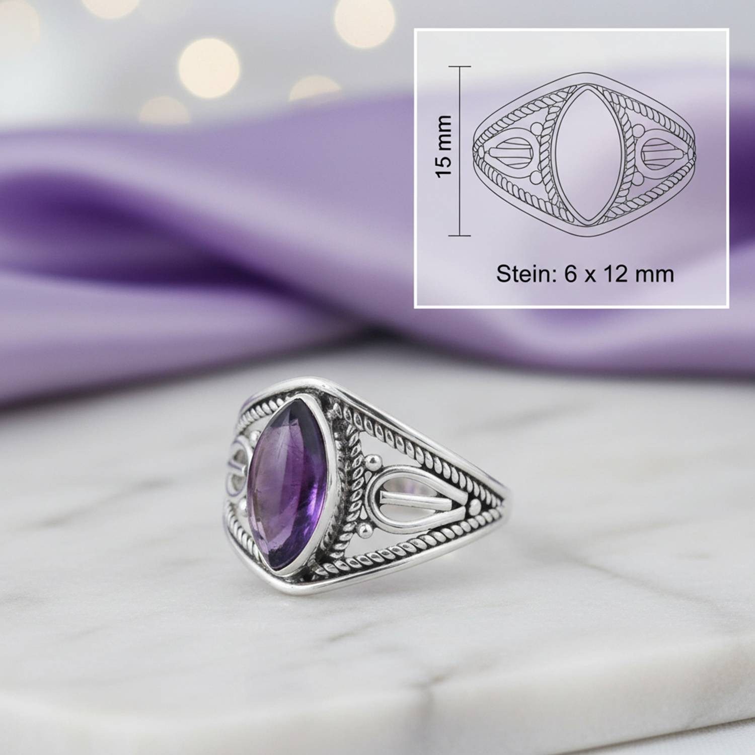 mantraroma Silberring DAHAB Ellipse aus 925 Silber mit Amethyst (Ring mit Schmuckbeutel), Damenring aus 925er Silber