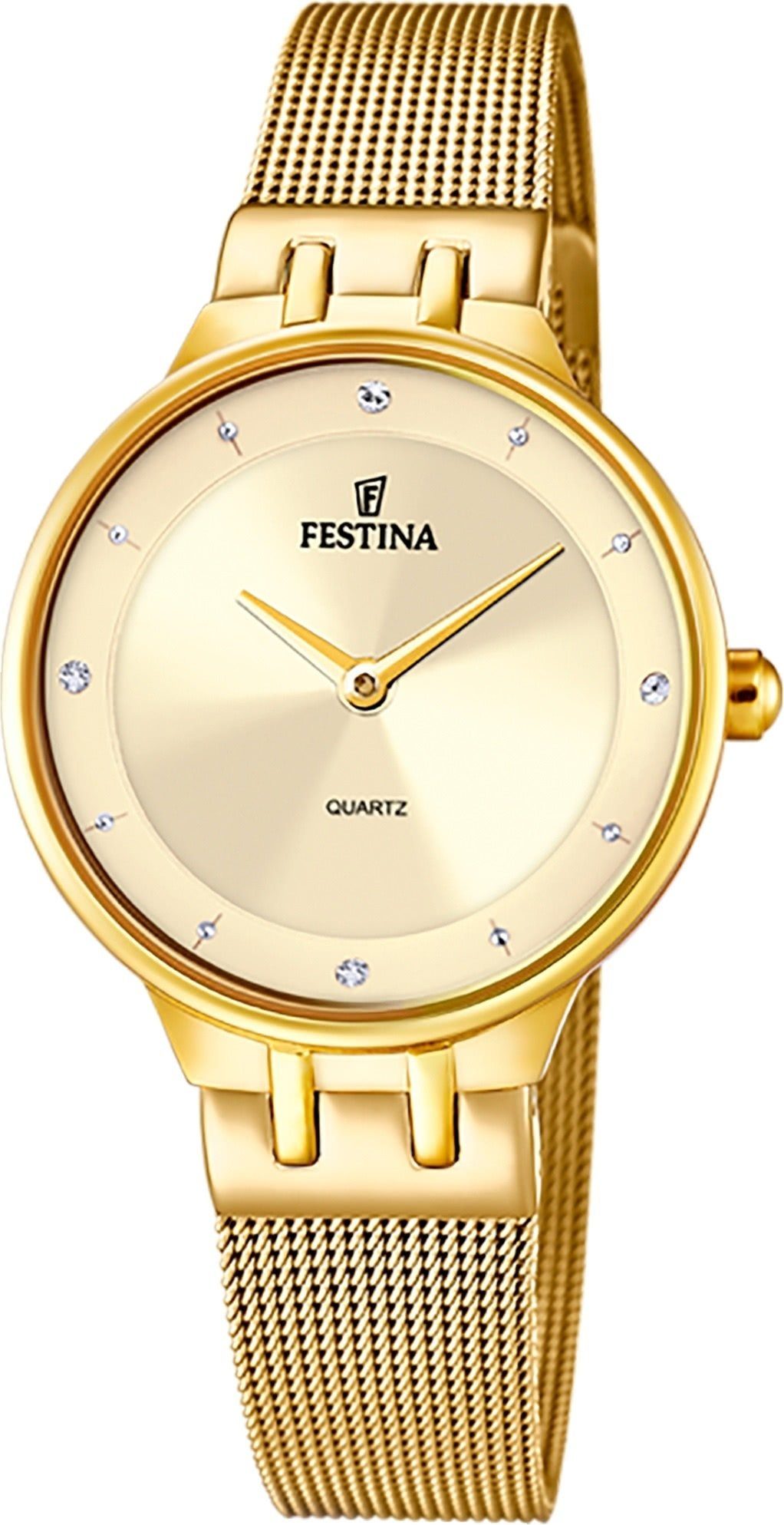 Festina Quarzuhr Festina Damenuhr Mademoiselle, (Analoguhr), Damen Armbanduhr rund, Edelstahlarmband gold, Fashion