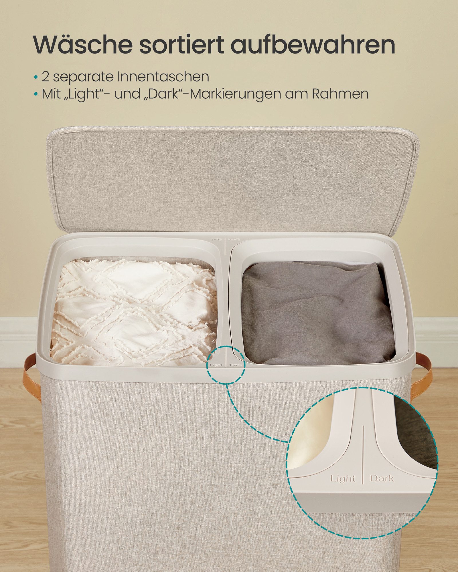 SONGMICS Wäschekorb, 100/170/190 L Wäschesammler 1/2/3 Fächer, Wäschetonne