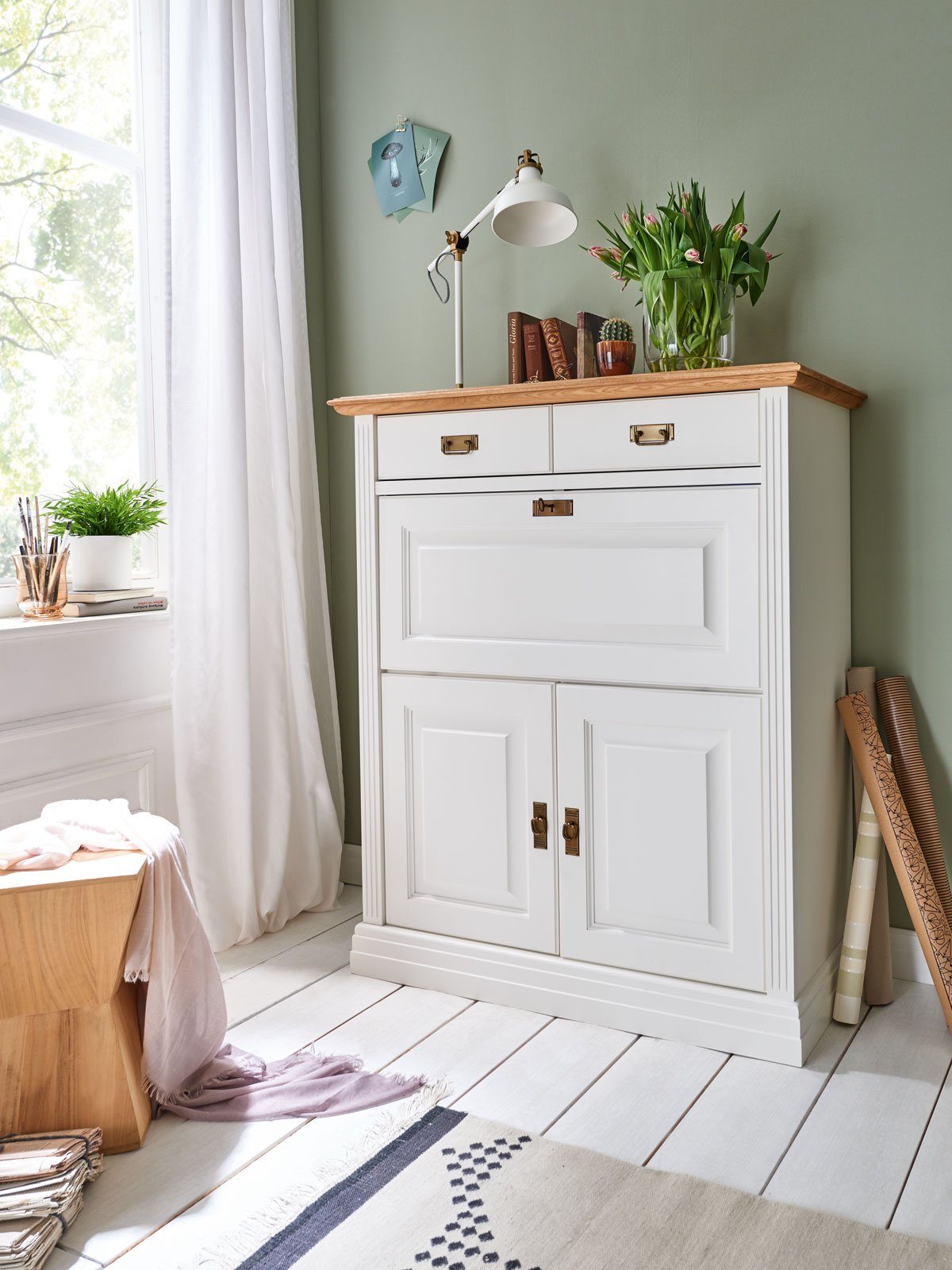 Casamia Sekretär Sekretär Büro Schrank Novara 2-türig 2 Schubladen weiß natur massiv