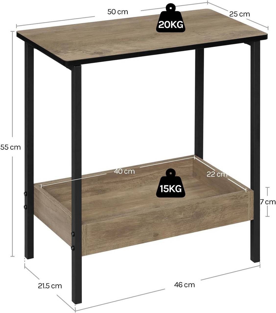 Woltu Beistelltisch (1-St), mit 2 Ablagen, Couchtisch mit Stauraum 50x55x25cm