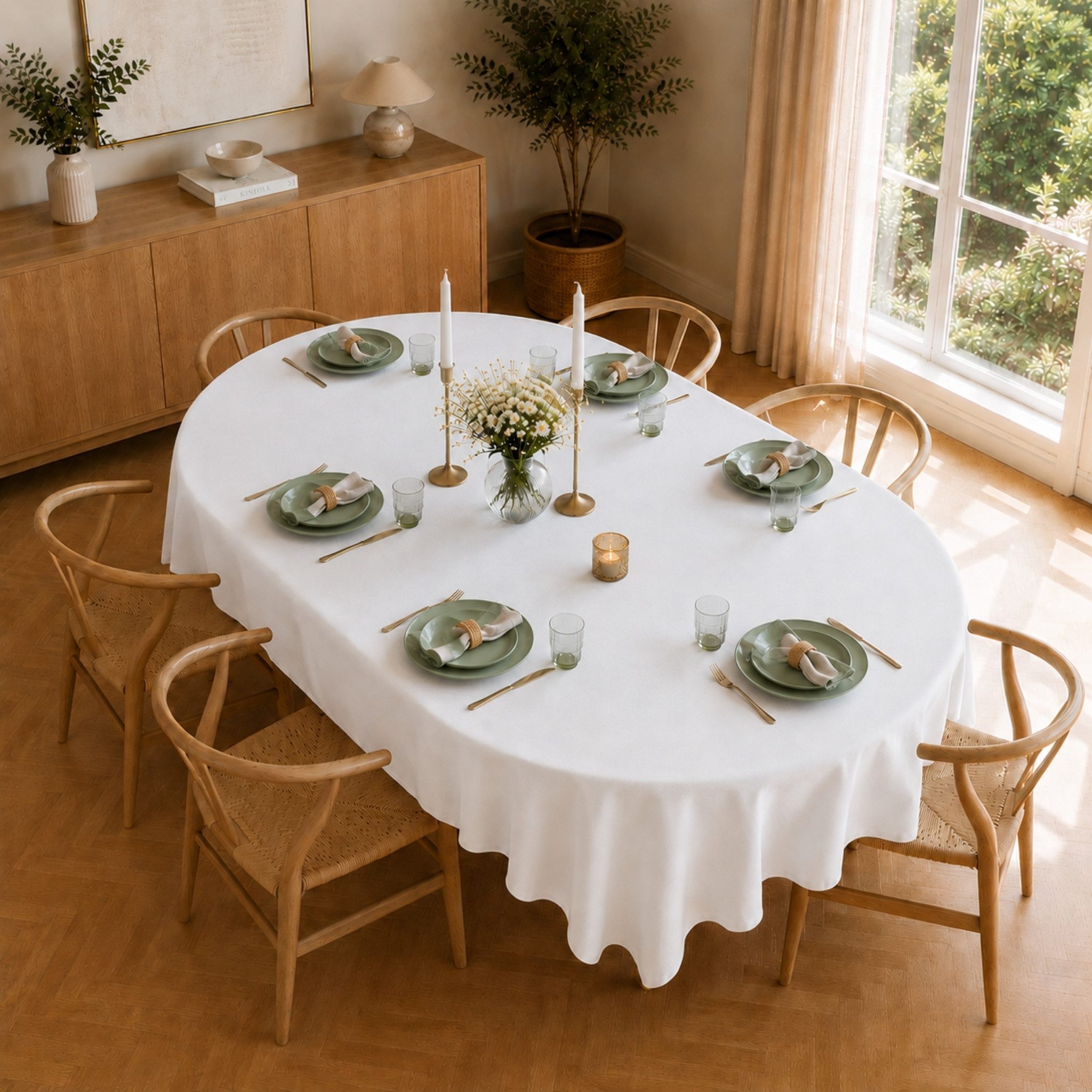 matches21 HOME & HOBBY Tischdecke Tischdecke 160 x 220 cm oval für Küche & Esstisch in Weiß (1-tlg), Waschbares Tischtuch mit Lotuseffekt