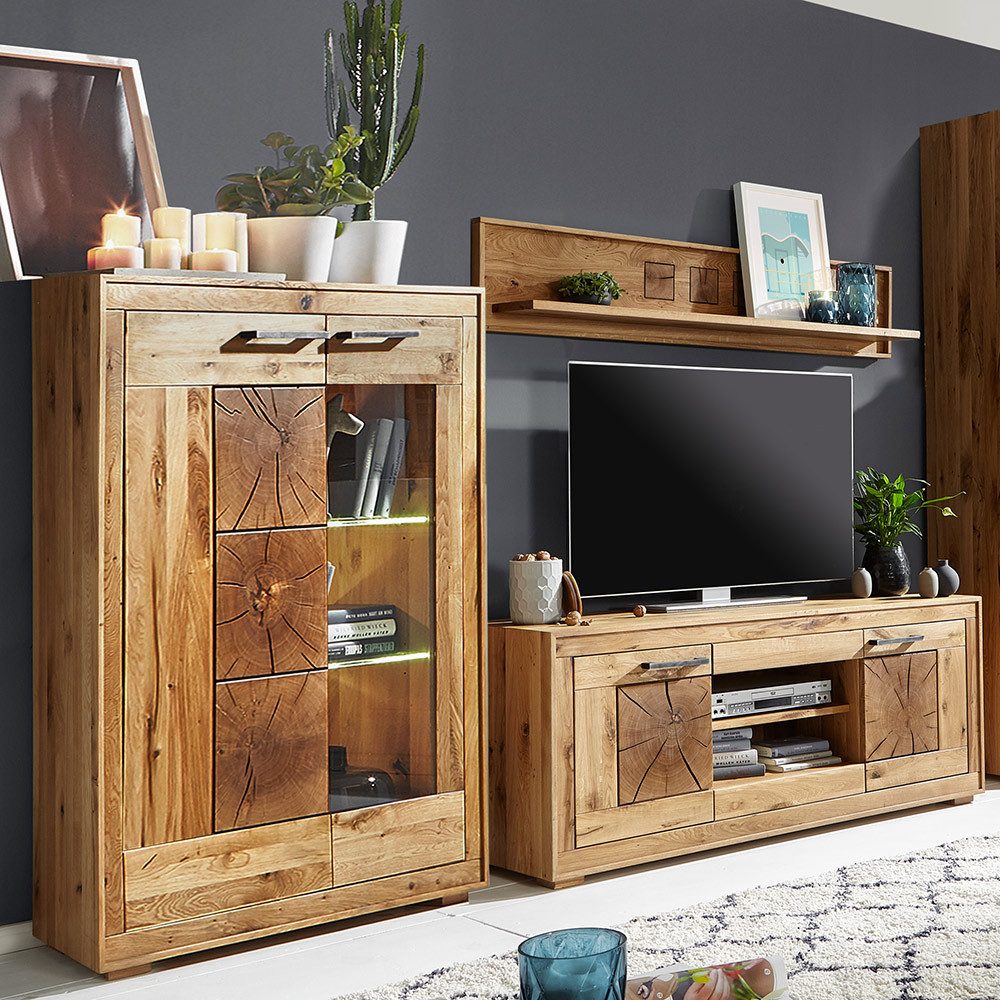 Lomadox Wohnwand WINNIPEG-69, (3-St., Highboard Wandboard Lowboard), Wildeiche massiv geölt mit Hirnholz-Element