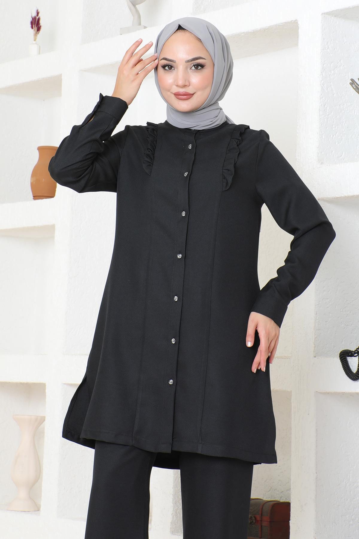 MODAMİHRAM Blusentop Rüschen-Detail Schwarzes Set MSW19224-1 günstig online kaufen