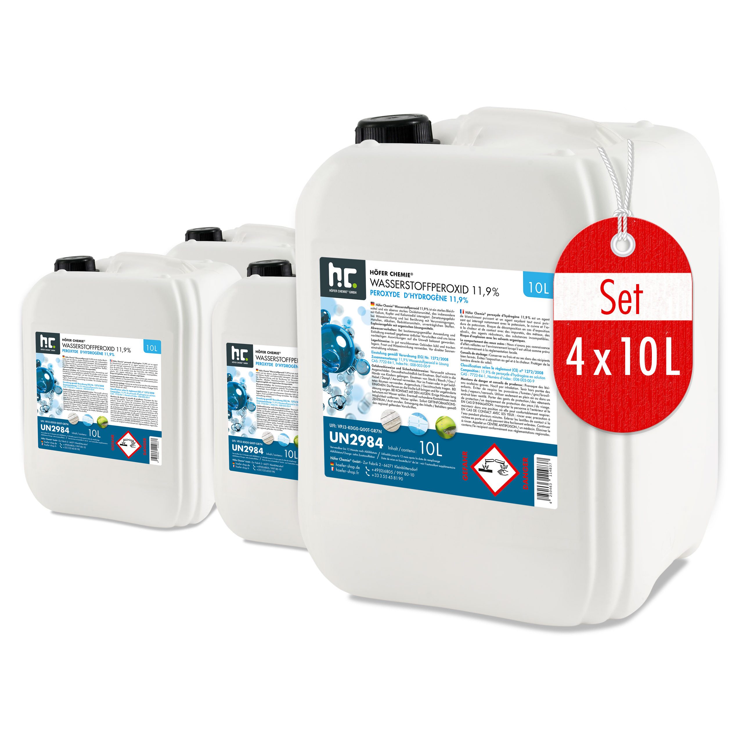 Höfer Chemie GmbH 4x 10 L Wasserstoffperoxid 11,9% Grundreiniger (Vielseitig einsetzbar zur Reinigung)