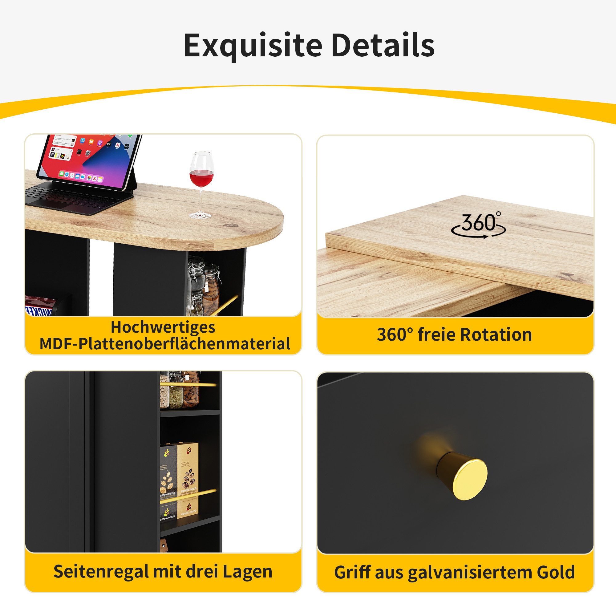 Flieks Bartisch 360° drehbare Stehtisch mit Sideboard (Set, 1-St., mit 2 Schubladen und 1 Türen), ausziehbar Esstisch mit Aufbewahrungsschrank Bistrotisch Schwarz