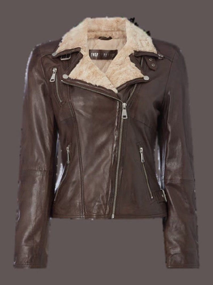 Freaky Nation Gefüttert, brown/beige Weicher Princess Winter dark Kunstfell Lederjacke Biker Kragen