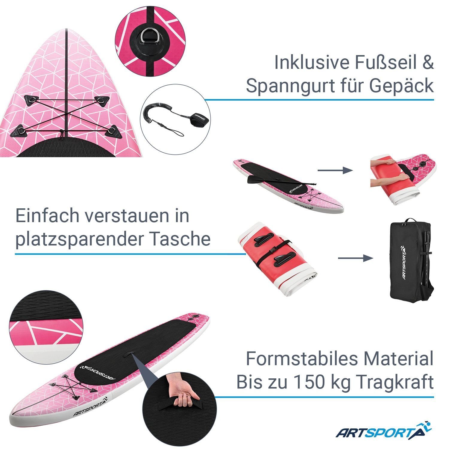 ArtSport Inflatable SUP-Board Pink Blizzard, inkl. Rosa Zubehör bis kg, und 150 Up Stand Anfänger, Tragetasche Board, für ideal Paddling