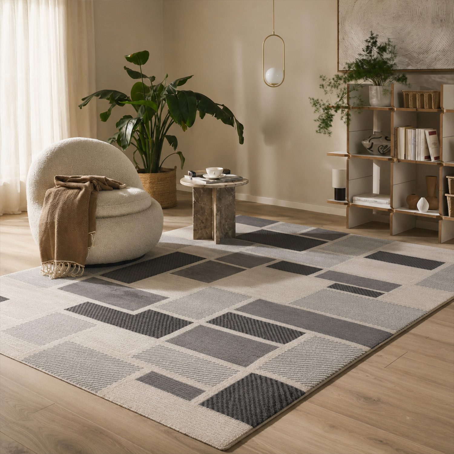 Vimoda Designteppich Boho Design Kurzflor Teppich 3D Hoch-Tief-Effekt, Rechteckig, Höhe: 12 mm, Teppich Wohnzimmer & Schlafzimmer