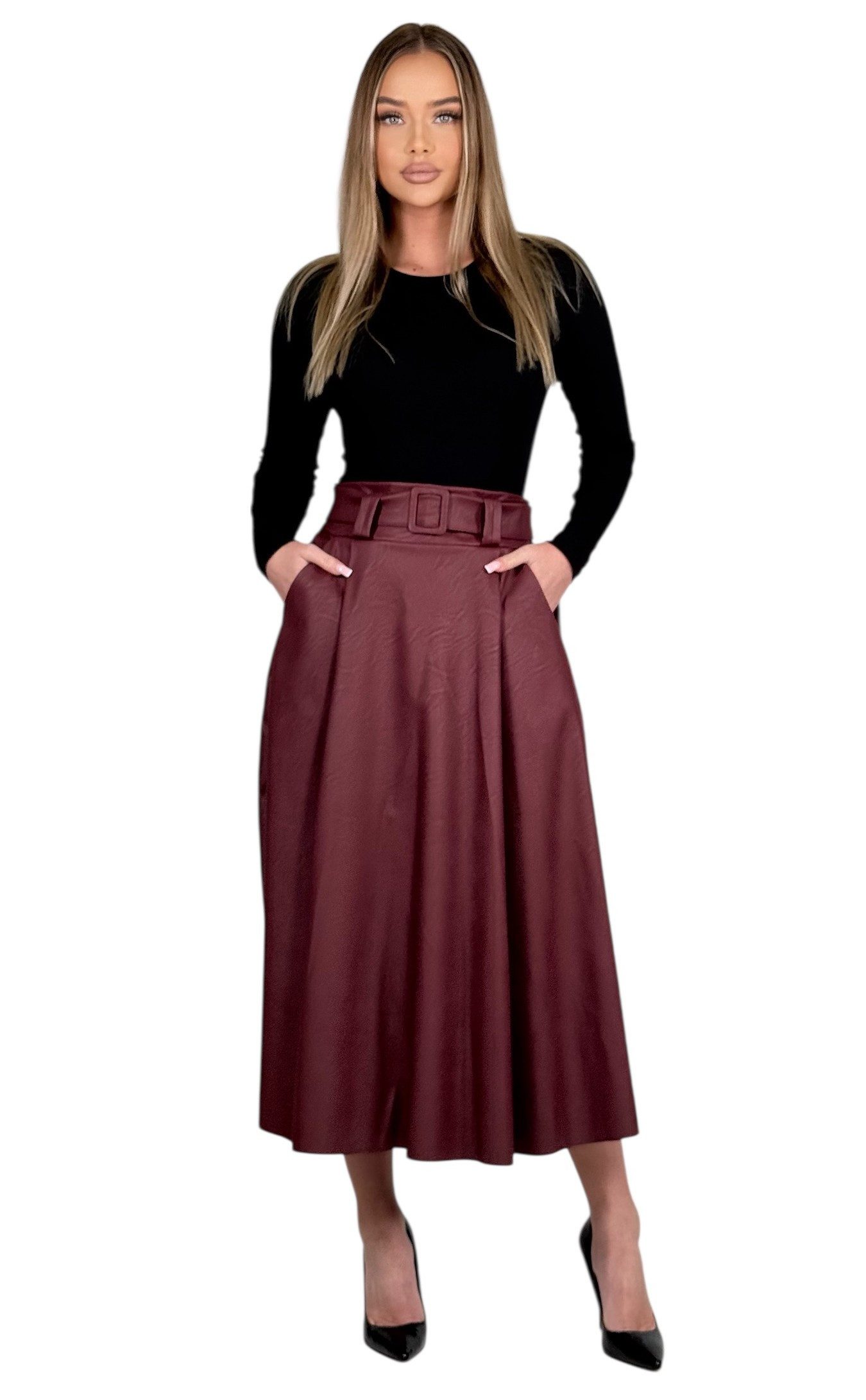 Mississhop Lederimitatrock Damen A-Linien Rock mit Gürtel – Kunstleder M.401