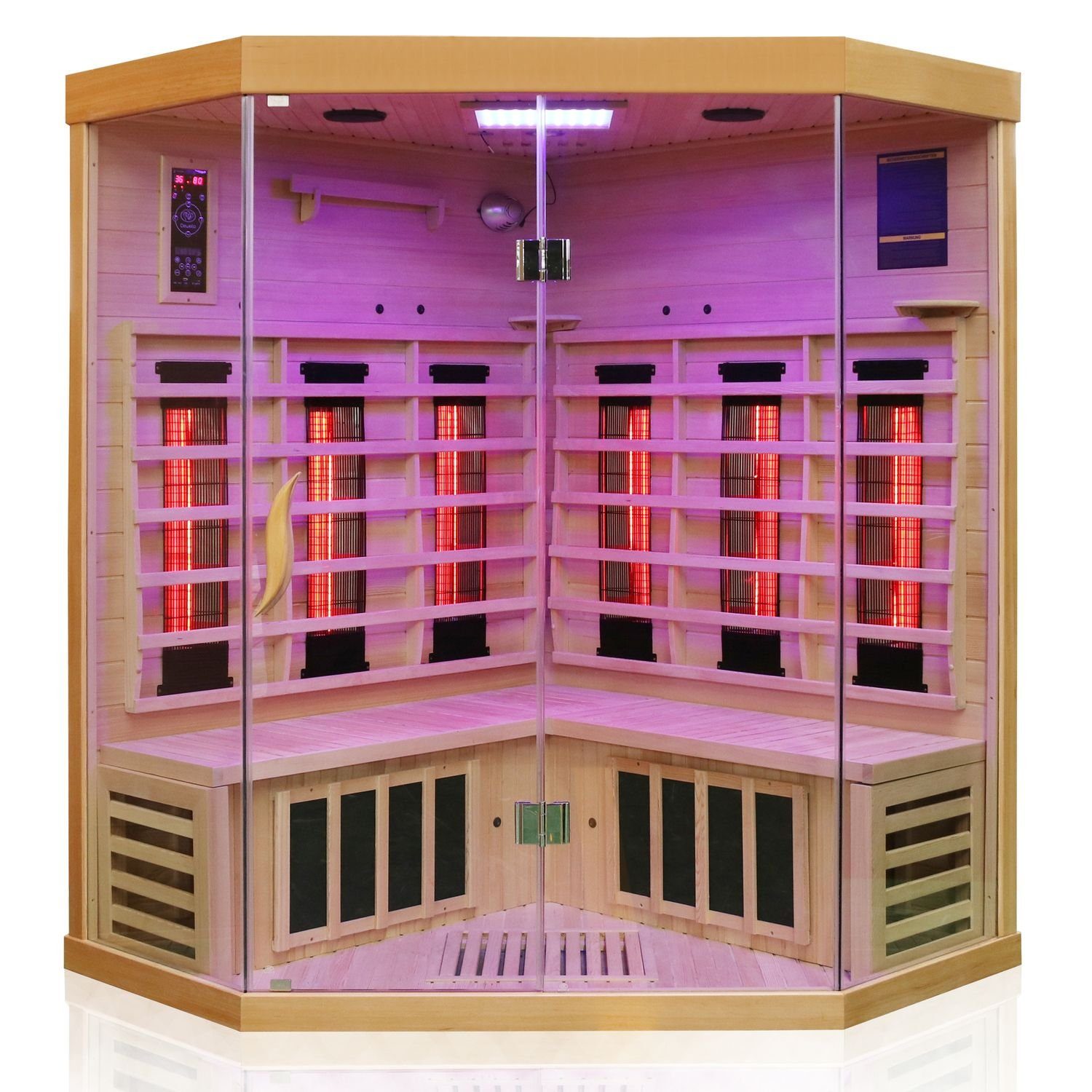 Dewello Infrarotkabine BRANDON 140 Wärmekabine, bis zu 4 Personen, 6 Vollspektrumstrahler, BxTxH: 140 x 140 x 190 cm, (mit großer Farblichttherapie, inkl. Ionisator mit Ozondesinfektion und Aromatherapie, Multimedia und zusätzlich USB-Anschluss & Bluetooth möglich) Sauna aus Hemlock-Tannenholz, leichter Aufbau dank Stecksystem