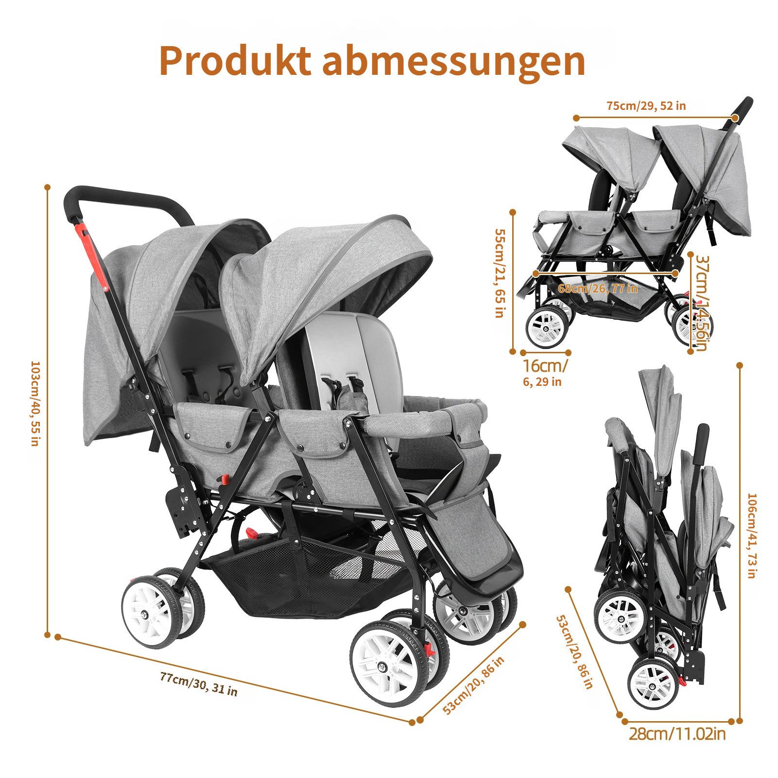 Rutaqian Zwillings-Kombikinderwagen Klappbarer Zwillingskinderwagen, Tandem-Kinderwagen, Double Baby Stroller with Adjustable Backrests for Family Outings
