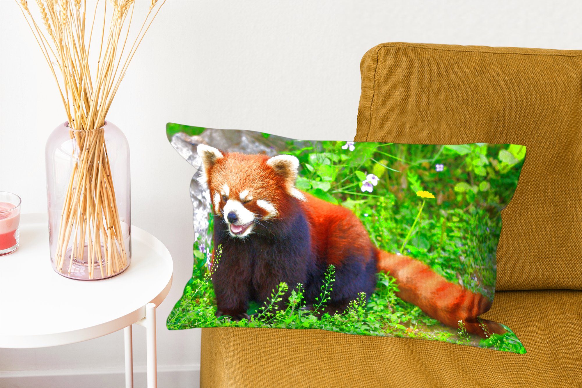 MuchoWow Dekokissen Roter Grün Panda Schlafzimmer Wohzimmer - - Füllung, mit Zierkissen, Dekokissen Gras, Dekoration