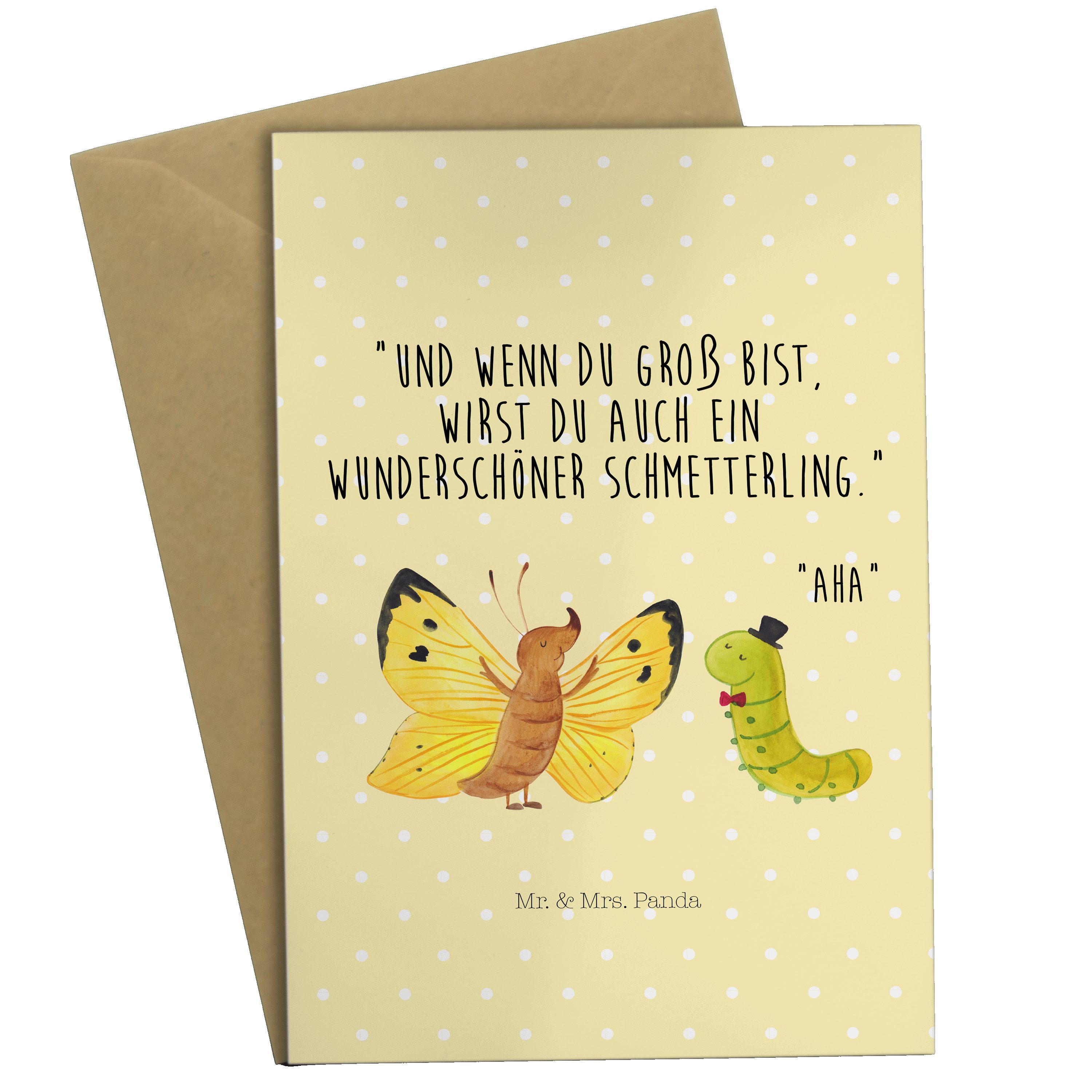 Mr. & Mrs. Panda Grußkarte Raupe & Schmetterling - Gelb Pastell - Geschenk, lustige Sprüche, Tie | Grußkarten