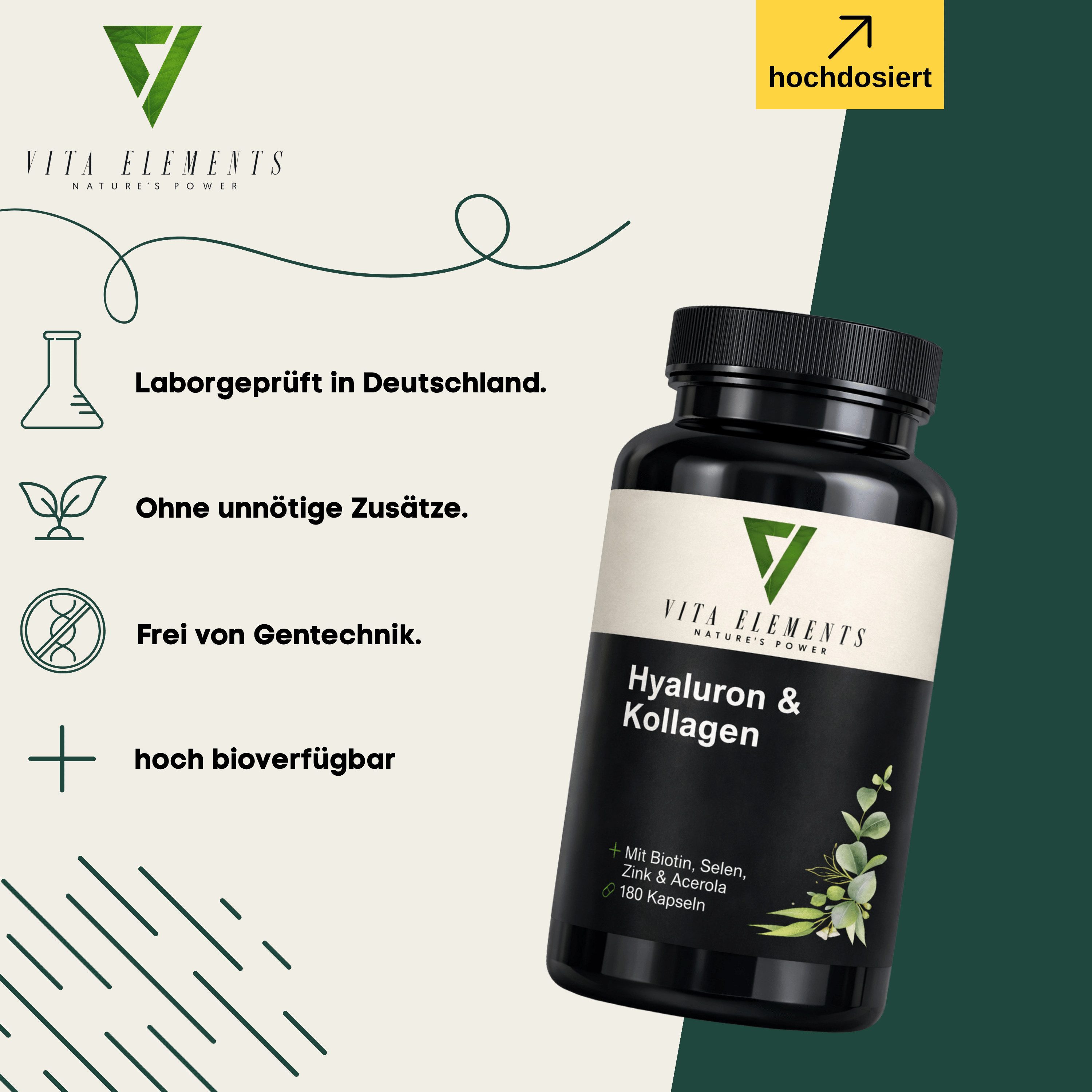 Vita Elements 3er Set Hyaluron & Kollagen Komplex Kapseln, 540 Stk. Hochdosiert & Bioverfügbar Frei von Gentechnik Laborgeprüft