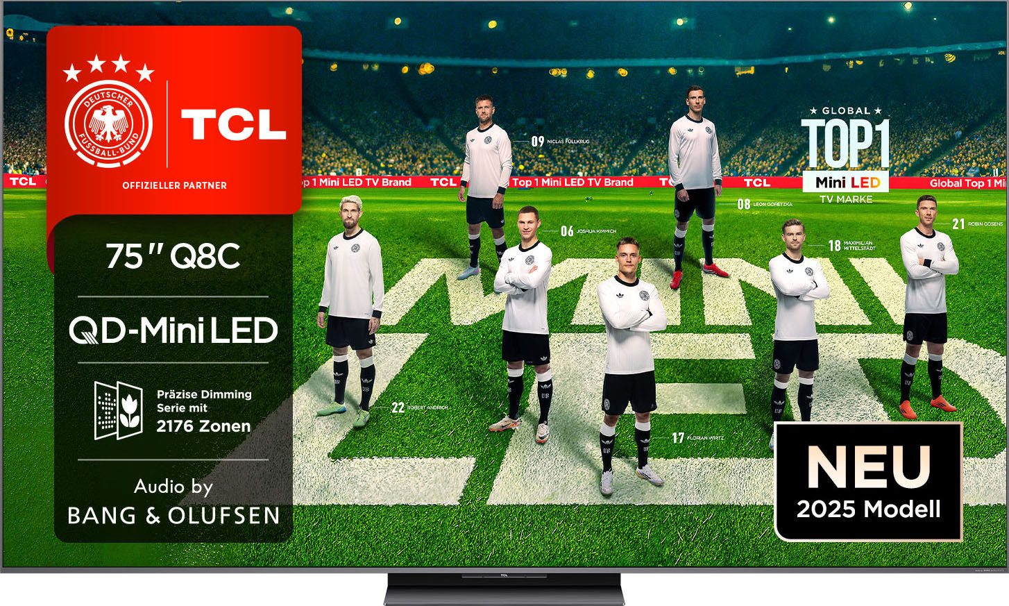 TCL 75Q8CX7 Mini-LED-Fernseher (189 cm/75 Zoll, 4K Ultra HD, Google TV, Smart-TV, Audio von Bang & Olufsen, Smart TV, Apple TV, 144Hz, 4K, Dolby Vision)