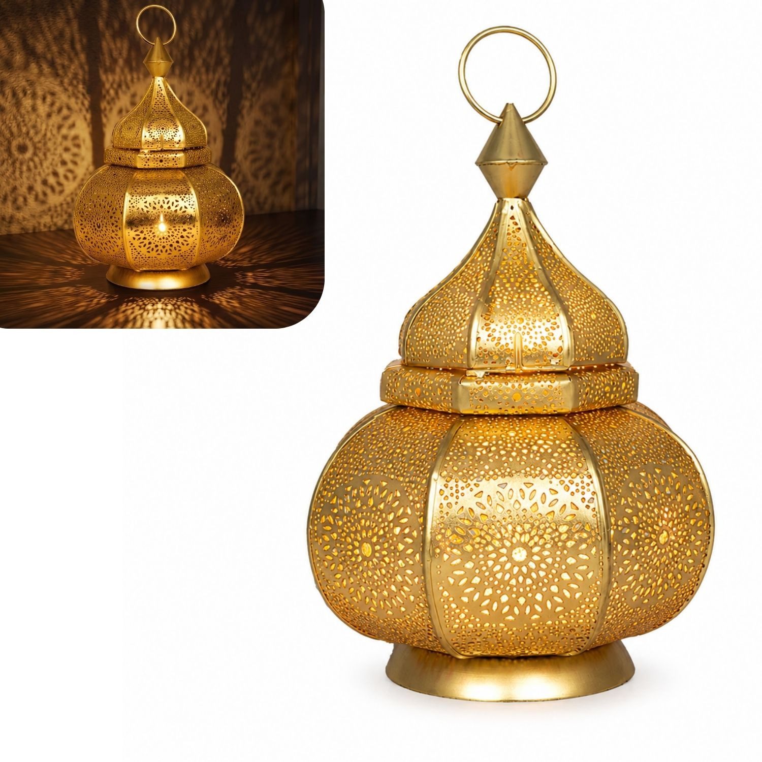 Marrakesch Orient & Mediterran Interior Teelichthalter Orientalisches Windlicht Lamis handgefertigt aus Metall in Gold 30 cm (1 St), Handarbeit