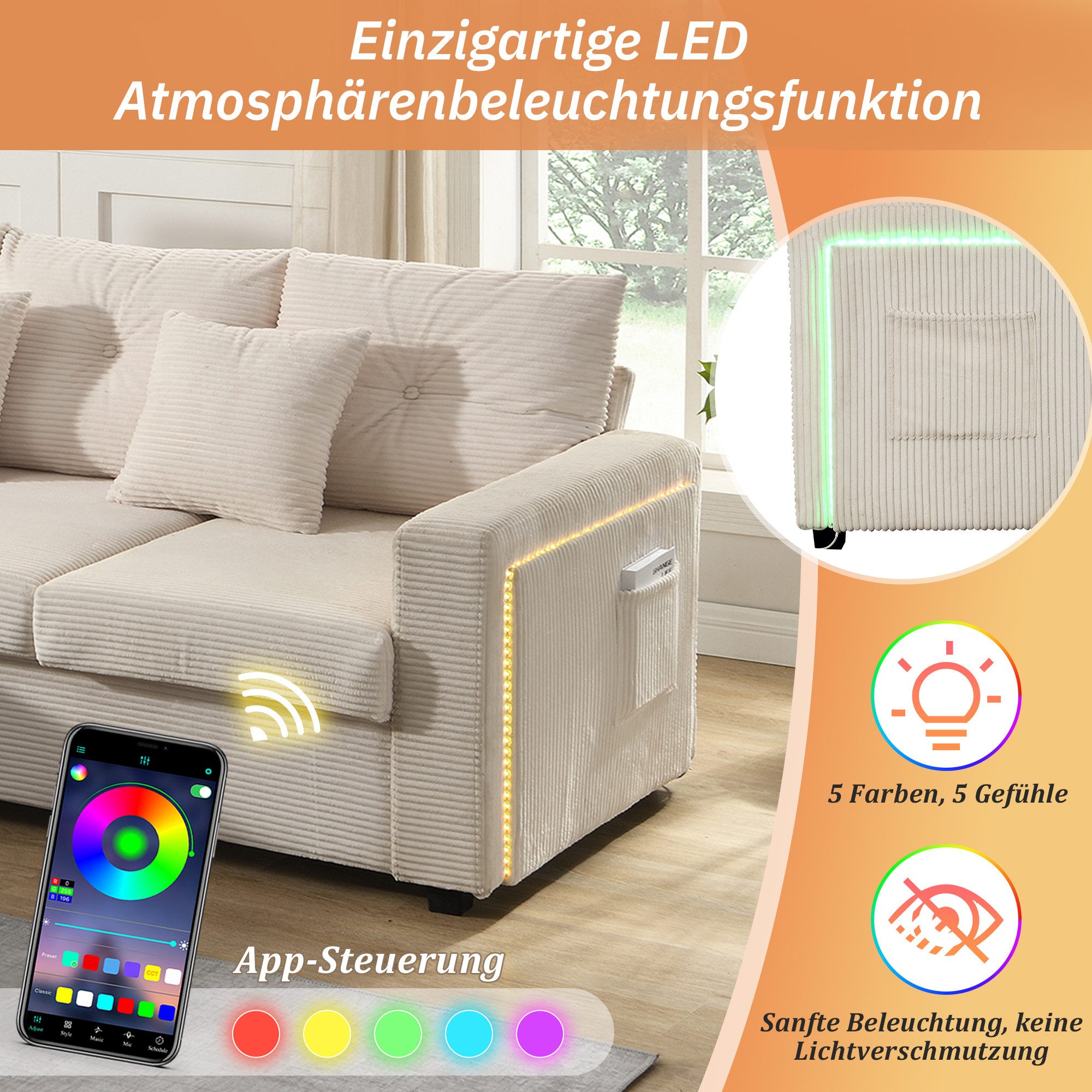Merax 3-Sitzer L-förmiges Sofa mit LED-Beleuchtung, Wolkenweiches Sitzgefühl, Modulares Design, Cordstoff 1 Teile, 3-Sitzer Sofa mit Extra großer Ottoman, Seite – Bild 4 von 5