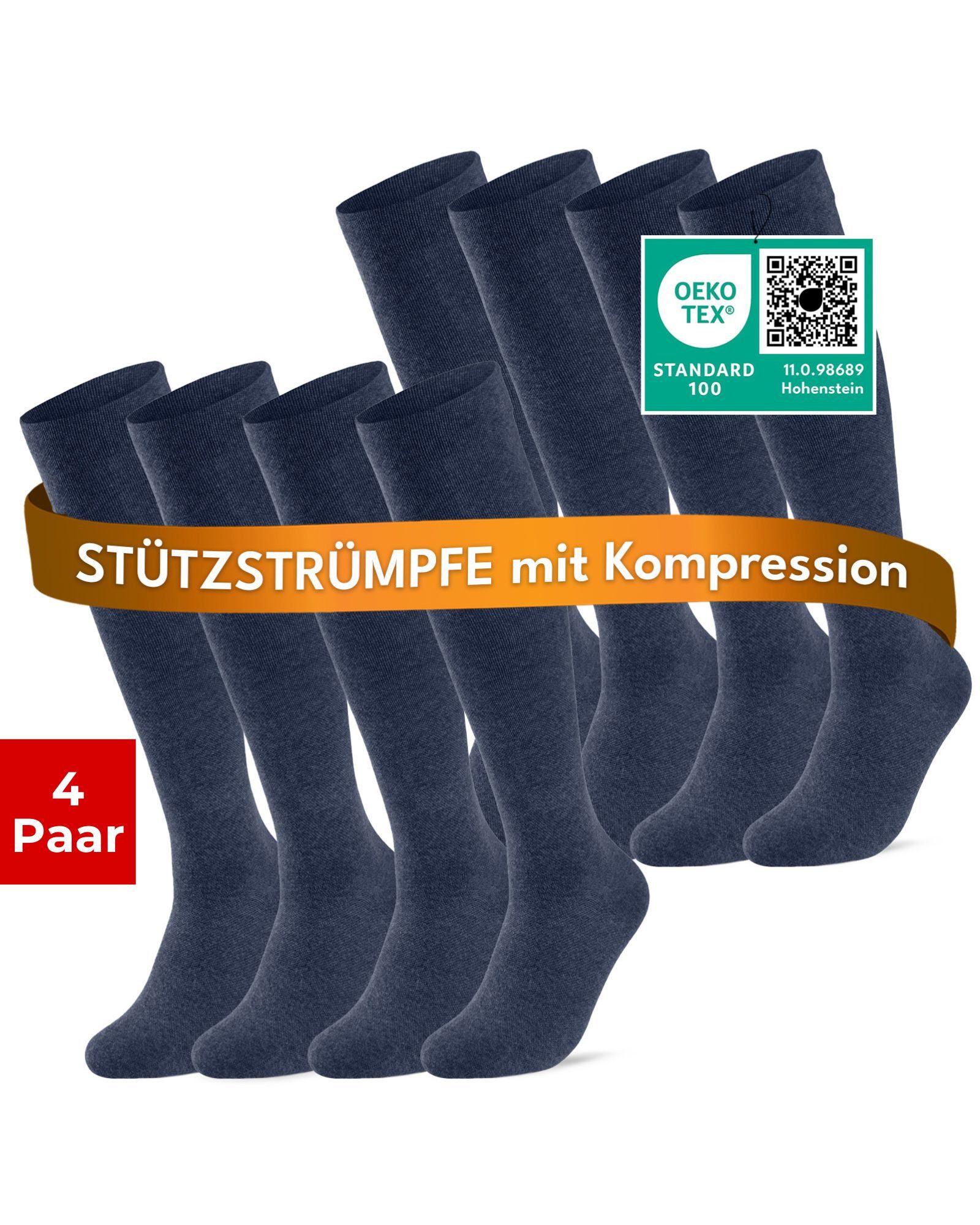 sockenkauf24 Stützkniestrümpfe Kompressionsstrümpfe Reisestrümpfe Stützstrümpfe mit Kompression (Jeans, 4-Paar, 39-42) aus Baumwolle für Damen & Herren mit Komfortbund