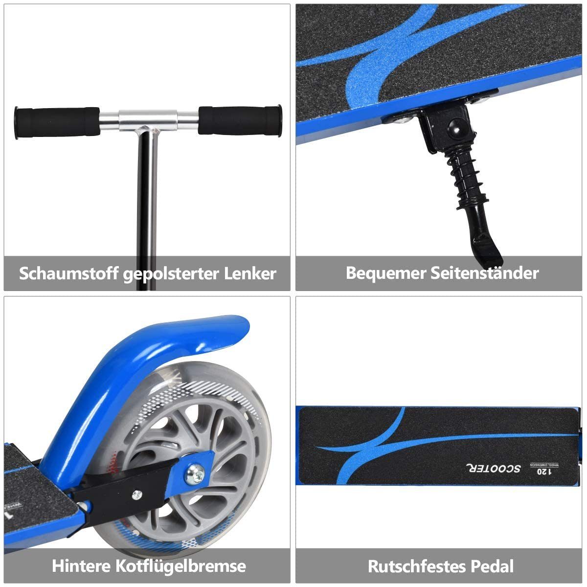 COSTWAY Cityroller, Scooter höhenverstellbar, klappbar, 2 LED Räder mit Blau