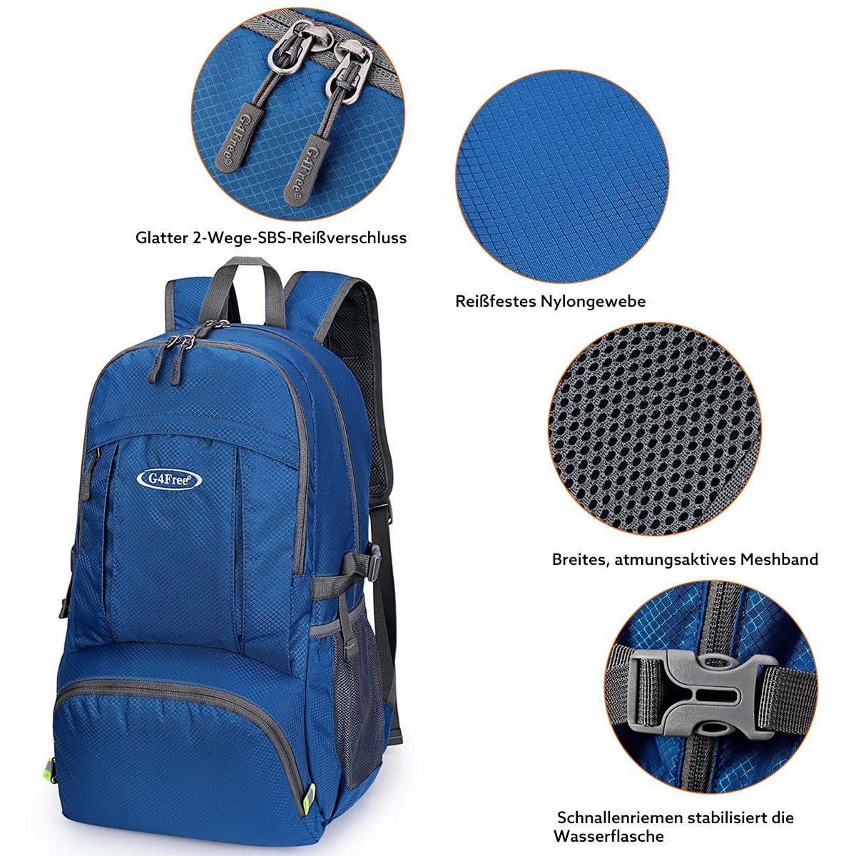 Navy 40L Freizeitrucksack, Wanderrucksack Camping-Reise- faltbarer G4Free blau