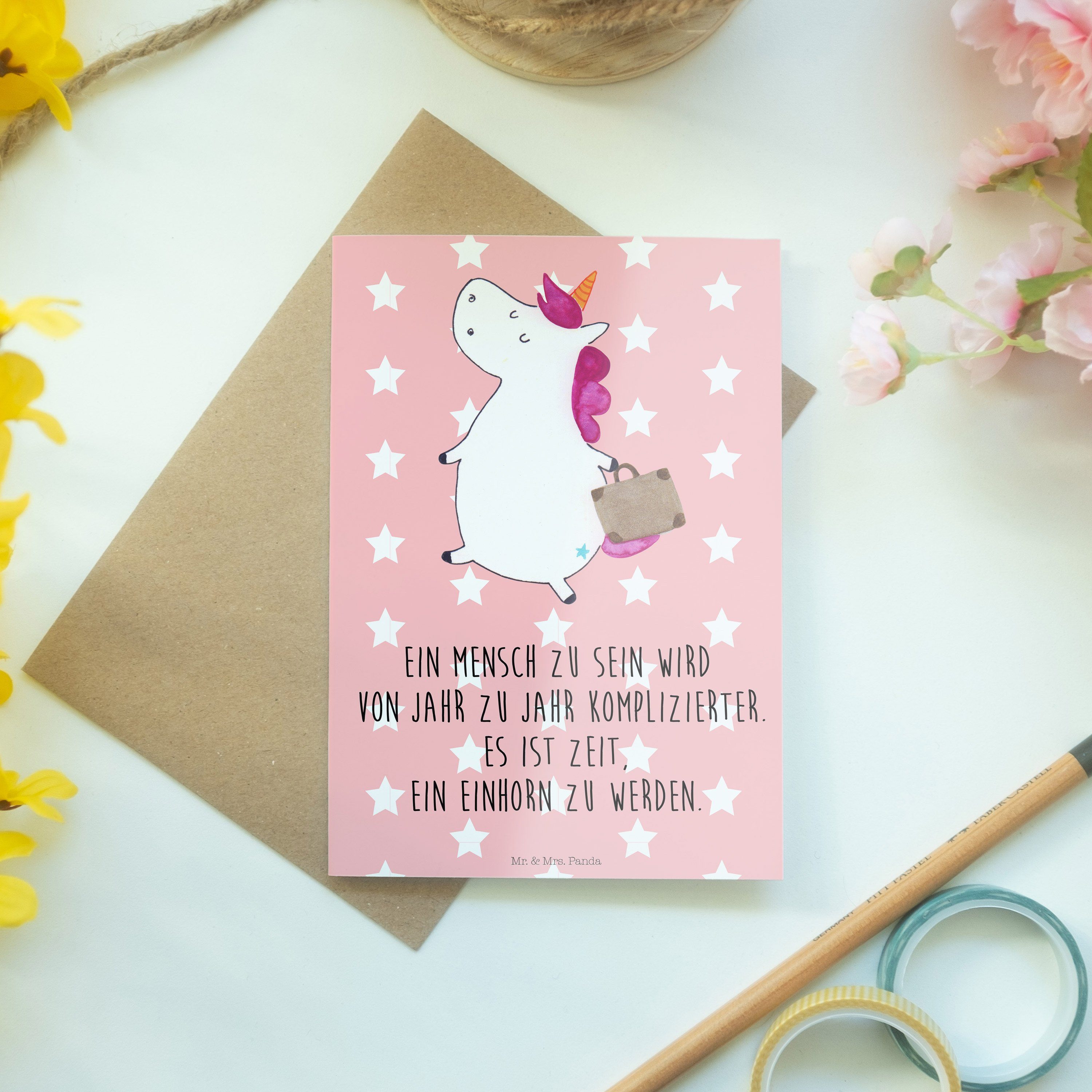 Grußkarte Einhorn Einhorn - Unicorn, Mrs. Rot Geschenk, Mr. - Deko & Panda Pastell Karte, Koffer