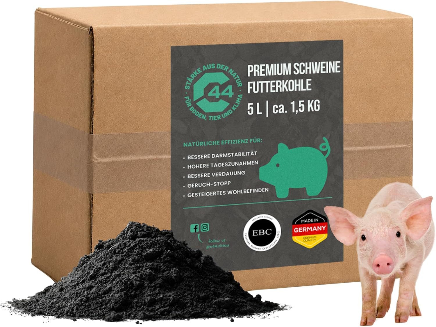 C44-Zittau Futterkohle für Schweine 0-3 mm - Naturprodukt für Stallklima, für: Schweine, Naturprodukt 5L für Schweine - Verdauung & Ammoniakbindung
