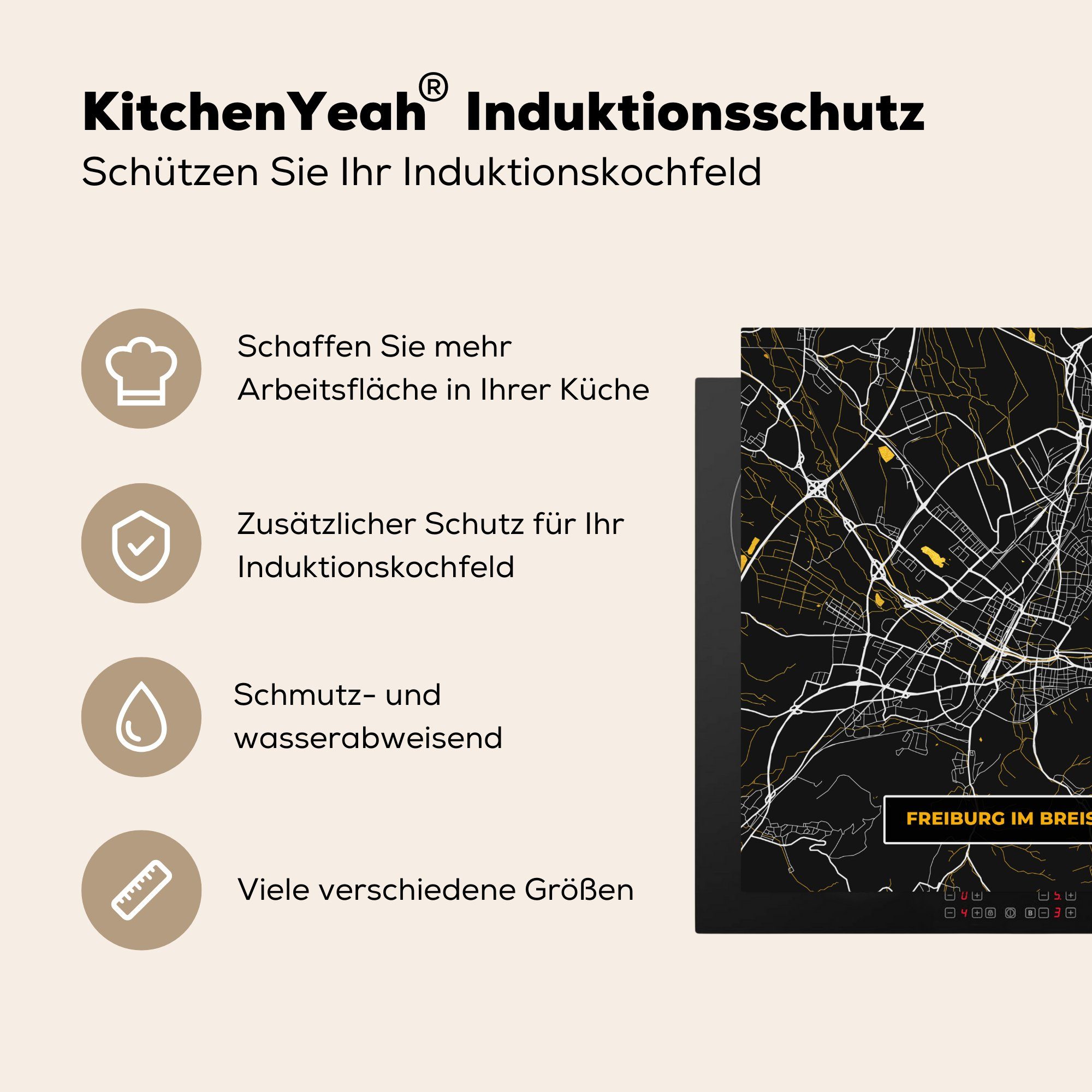 MuchoWow Herdblende-/Abdeckplatte Gold Karte (1 Ceranfeldabdeckung, Arbeitsplatte küche cm, Stadtplan - im Deutschland, - tlg), 78x78 - - Breisgau Vinyl, Freiburg für