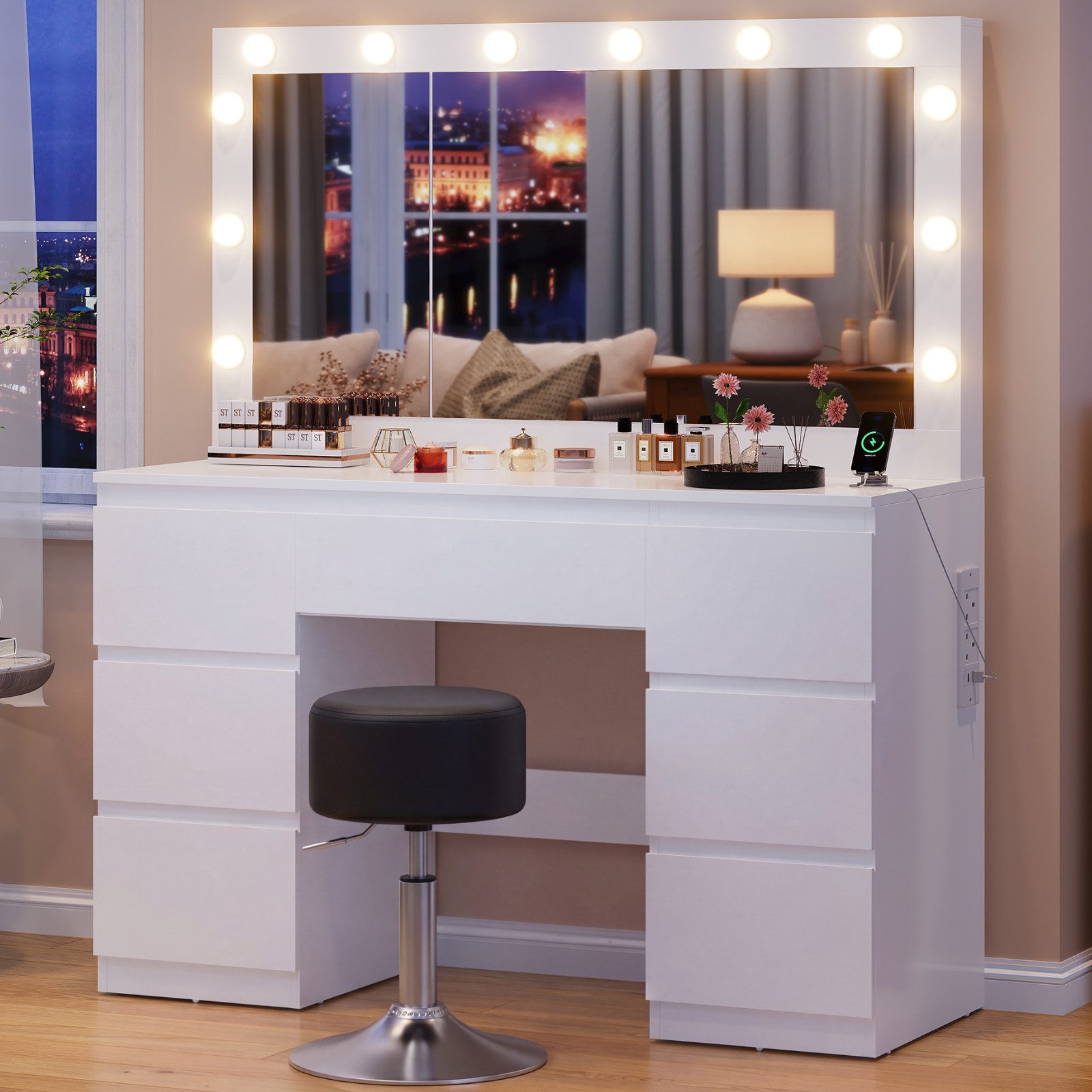 HOMALL Schminktisch mit großem Spiegel, 120 cm, 7 Schubladen, Schmuckschrank (XXL-Spiegel 106×51 cm (30×51 aufklappbar m. Schmuckschrank) · 120 cm · 7 Schubladen · LED-Birne · 2 Steckdosen+USB/Type-C · E1-MDF · 2 Farben · Hocker opt)