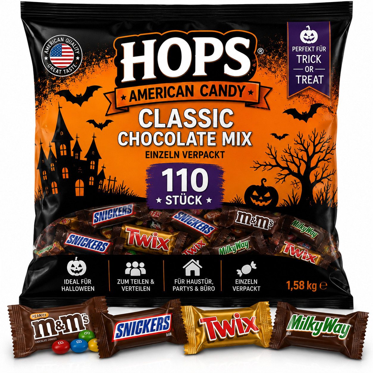 HOPS Süßigkeit HOPS American Candy Gift Box Classic, 110 x (amerikanische Süßigkeiten & Schokolade), Halloween Trick or Treat Party Box – ideal zum Teilen & Verteilen
