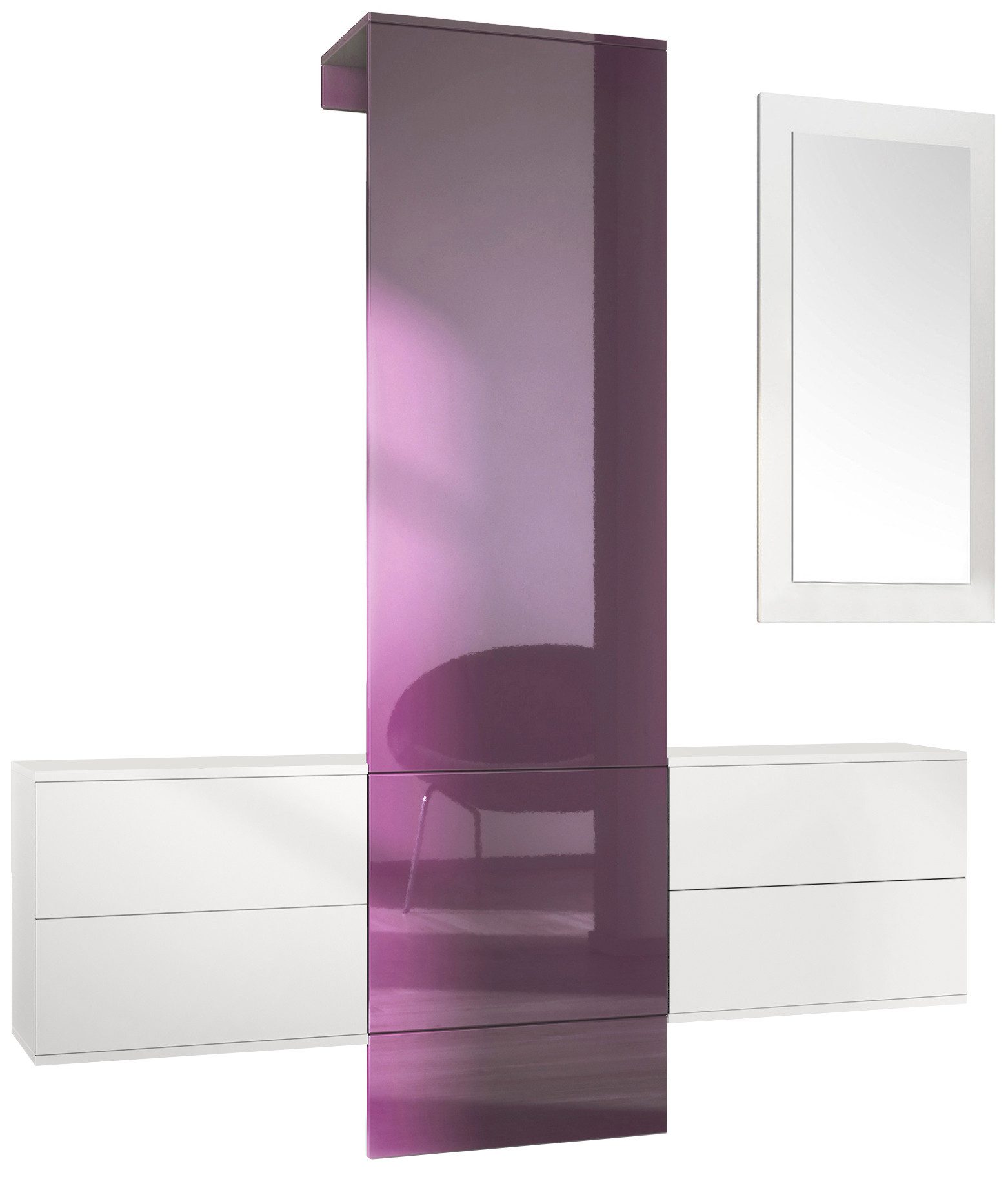 Vladon Garderoben-Set Carlton Set 3, (Wandgarderobe bestehend aus, ​ 1 Paneel, 2 Schubkastenschränke und 1 Wandspiegel), Weiß matt/Brombeer Hochglanz (157 x 193 x 35 cm)