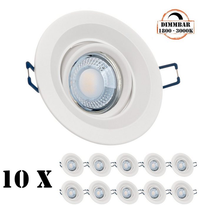 LEDANDO LED Einbaustrahler 10er LED Einbaustrahler Set extra flach in weiß mit 5W LED von LEDANDO - dimmbare Farbtemperatur 1800-3000K Warmweiß - 60° Abstrahlwinkel - 50W Ersatz - dimmbar - rund
