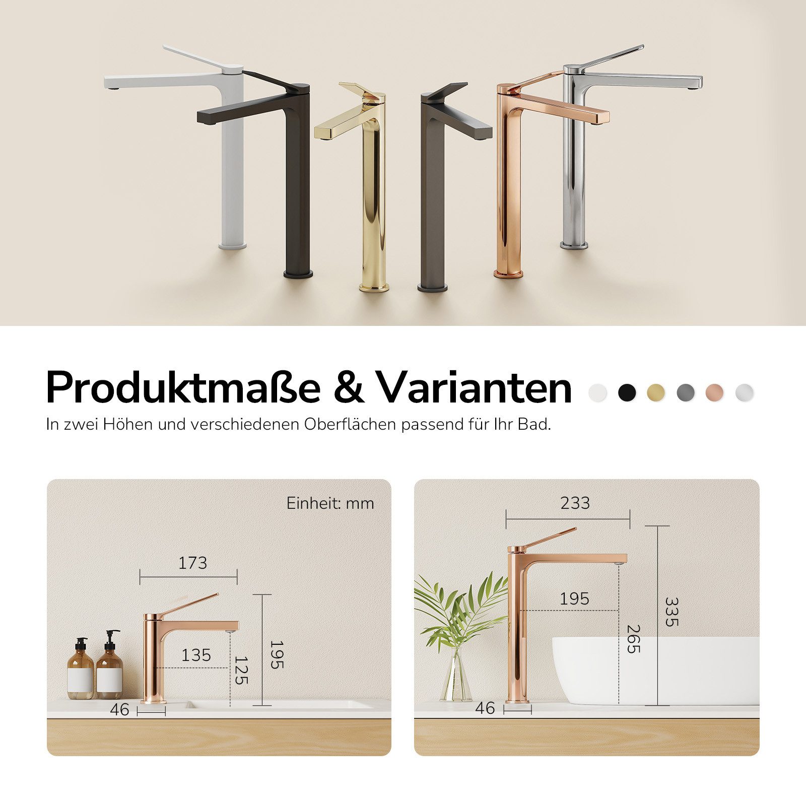 EMKE Waschtischarmatur Badezimmer Mischbatterie Einhebel Wasserhahn für Aufsatzbecken (Mischbatterie) Hoch 26,5 cm chrom/Schwarz/Champagne Gold/Rose Gold/Weiß – Bild 5 von 5