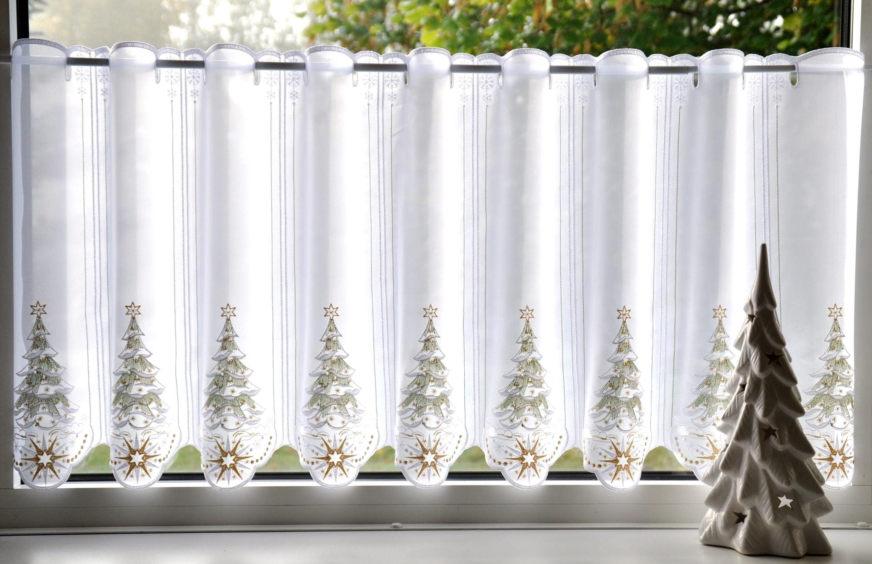 Stickereien Plauen Scheibengardine Tannenbaum (1 St), Stangendurchzug, transparent, Voile